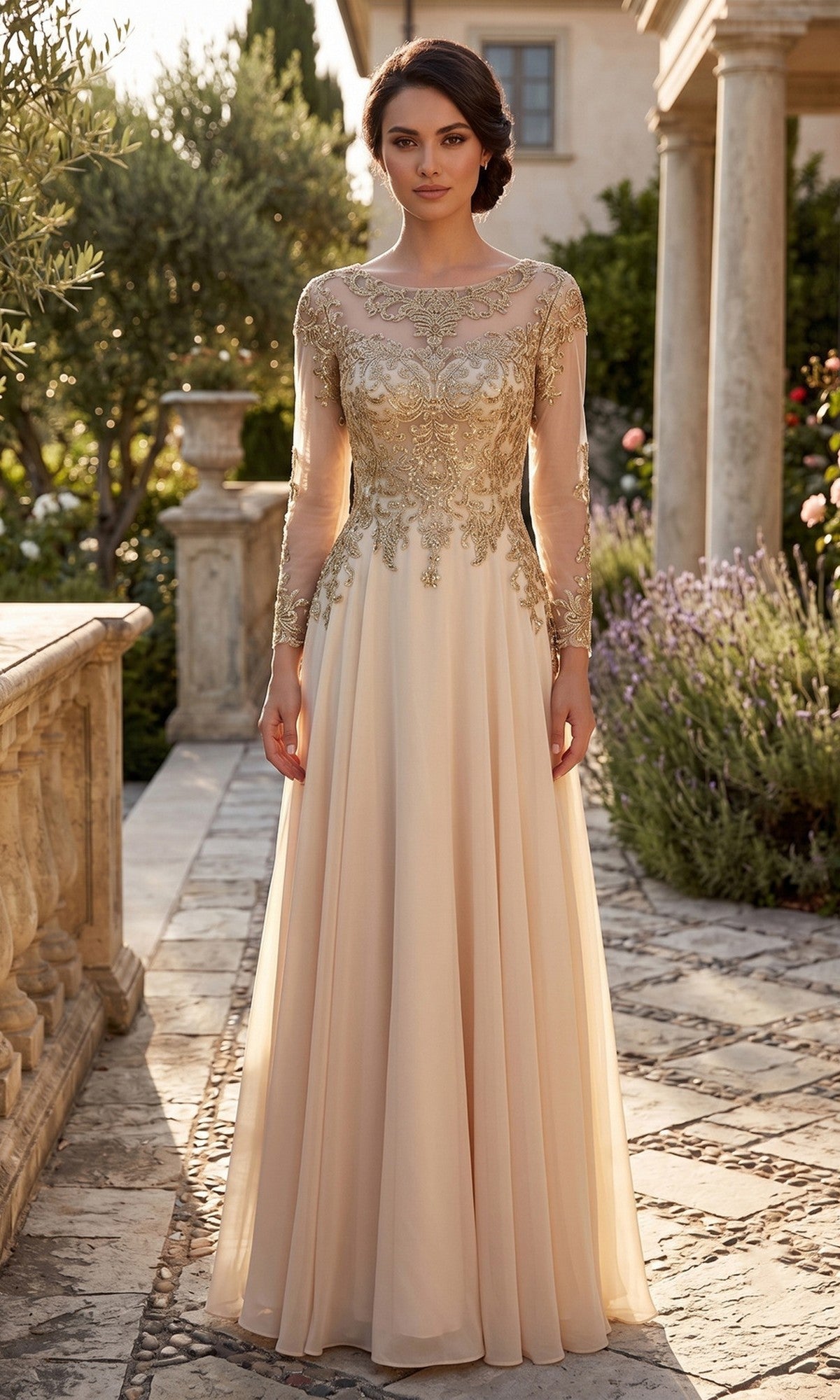 A woman wearing the Long Prom Dress: Chicas XR6014 in champagne, featuring a gold-embellished bodice and sheer long sleeves, stands outdoors on a stone walkway near greenery and classical columns.