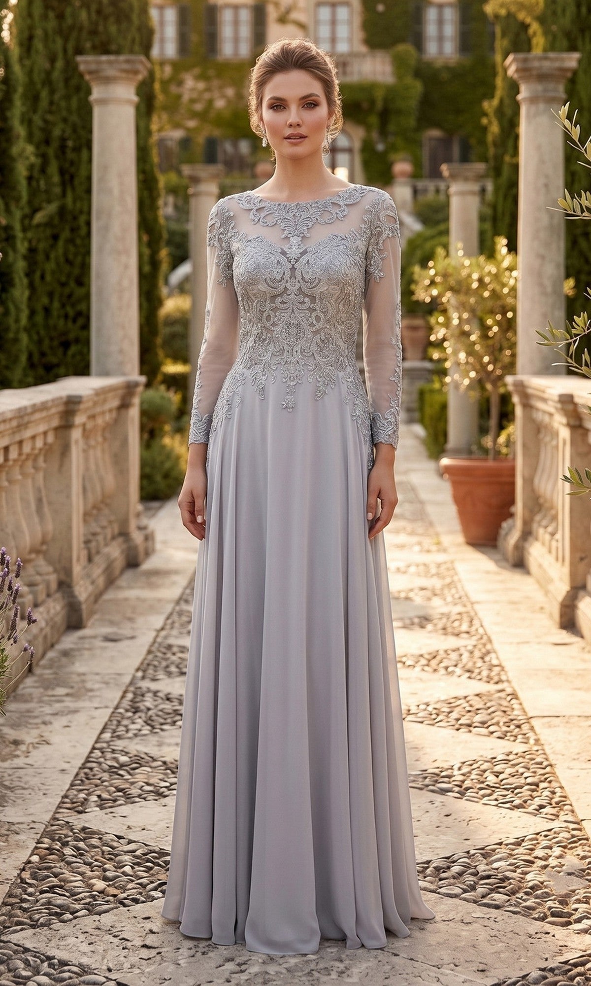 A woman stands outdoors wearing the Long Prom Dress: Chicas XR6014 in silver, featuring lace detailing, sheer sleeves, and a flowing chiffon skirt. She is surrounded by stone columns and greenery.