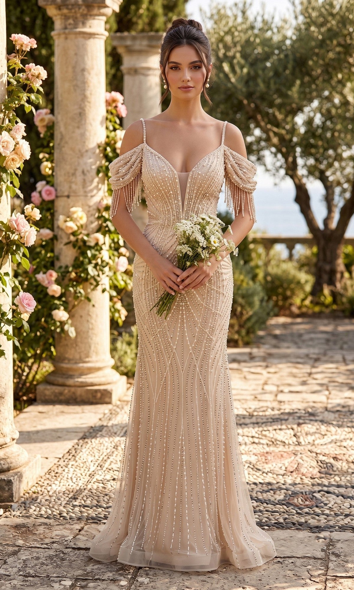 A woman wearing the Long Prom Dress: Chicas YG5042 in champagne, adorned with elegant pearl embellishments and featuring an off-the-shoulder design, holds a bouquet of white flowers while standing on a stone path amid lush greenery and blooming roses.
