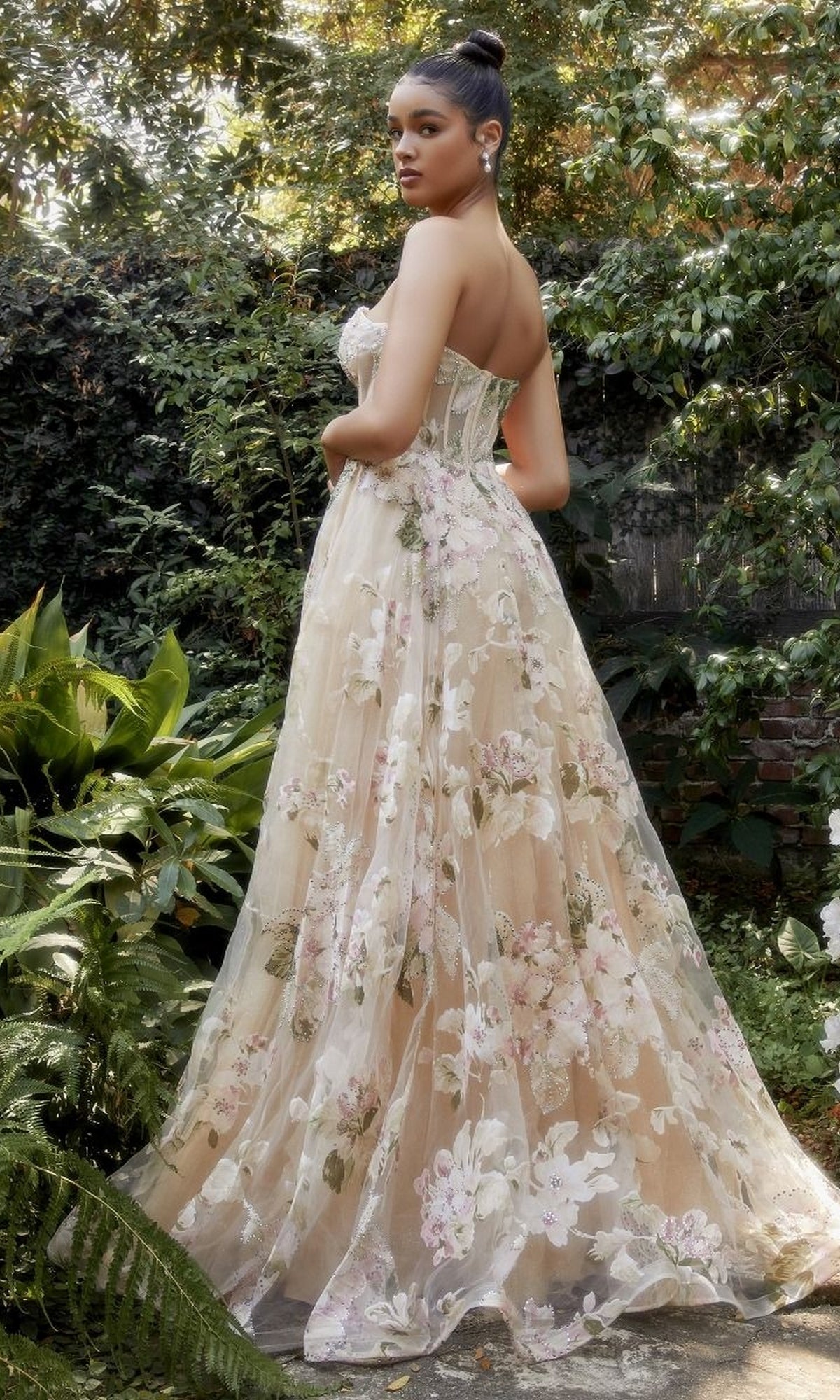 Strapless Long Champagne Floral Prom Gown A1134