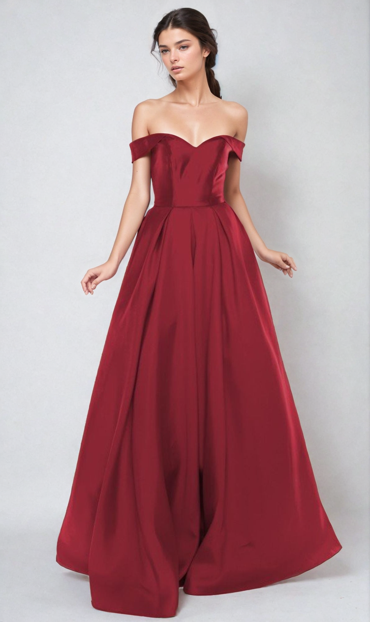 A woman models the Off-the-Shoulder Long Prom Ball Gown: Chicas C9197 in floor-length deep red, standing against a plain light gray background.