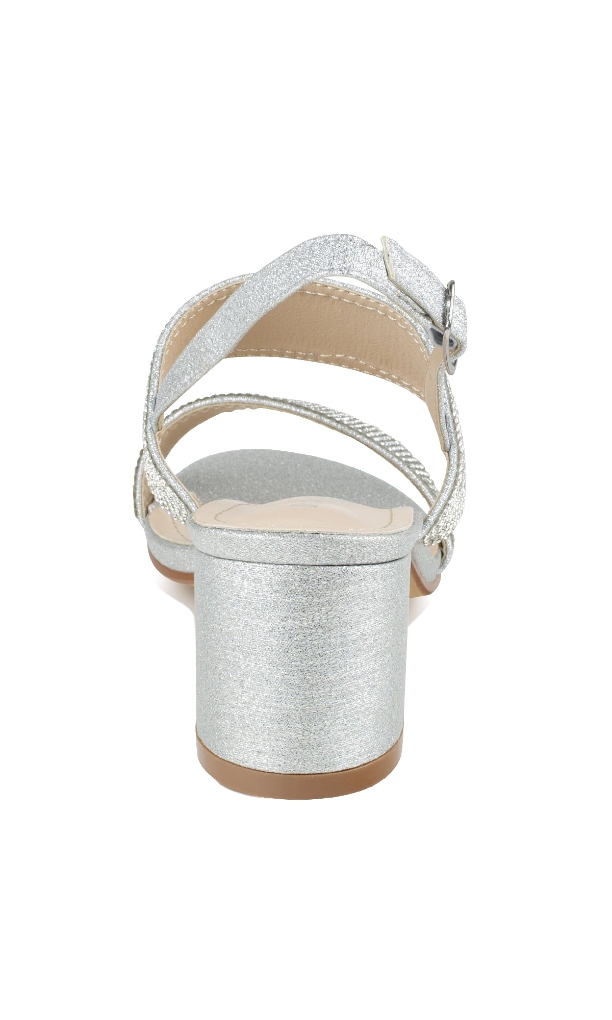 The Ares Silver Glitter Prom Dress Shoes (Touch Ups 4653) are open-toe sandals with a low block heel, ankle strap and buckle—ideal as low-heel prom shoes. Shown from the back on a white background.