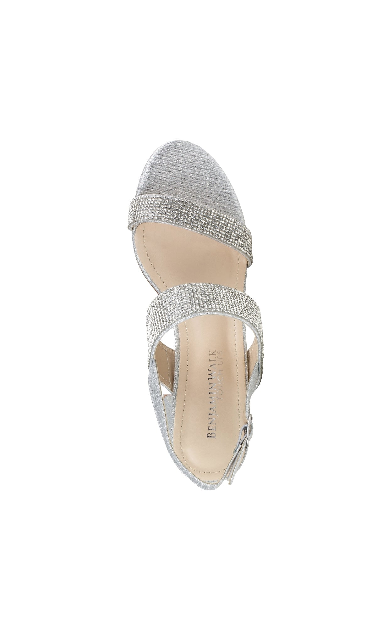 The Ares Silver Glitter Prom Dress Shoes (Touch Ups 4653) are open-toe sandals with two jeweled straps, beige insole, sparkling rhinestone accents, and a low heel—perfect for prom, shown from above.