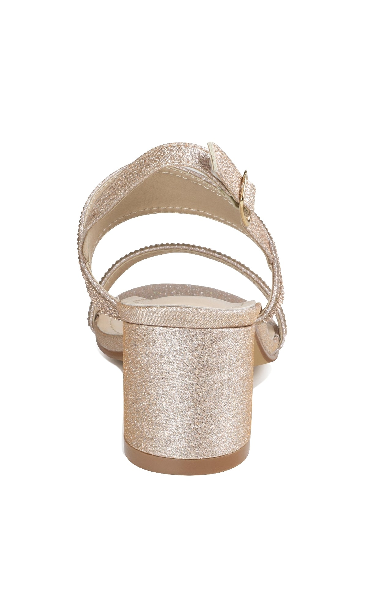 Close-up rear view of Ares Champagne Glitter Prom Shoes: Touch Ups 4654, featuring a gold glitter finish, jeweled straps, low block heel, ankle strap with buckle—ideal for adding sparkle to your prom look.