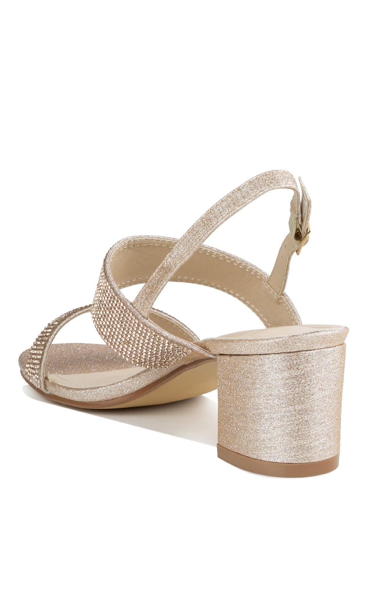 The Ares Champagne Glitter Prom Shoes by Touch Ups (4654) feature low block heels, jeweled rhinestone straps, a slim ankle buckle, and are shown from the back angle.