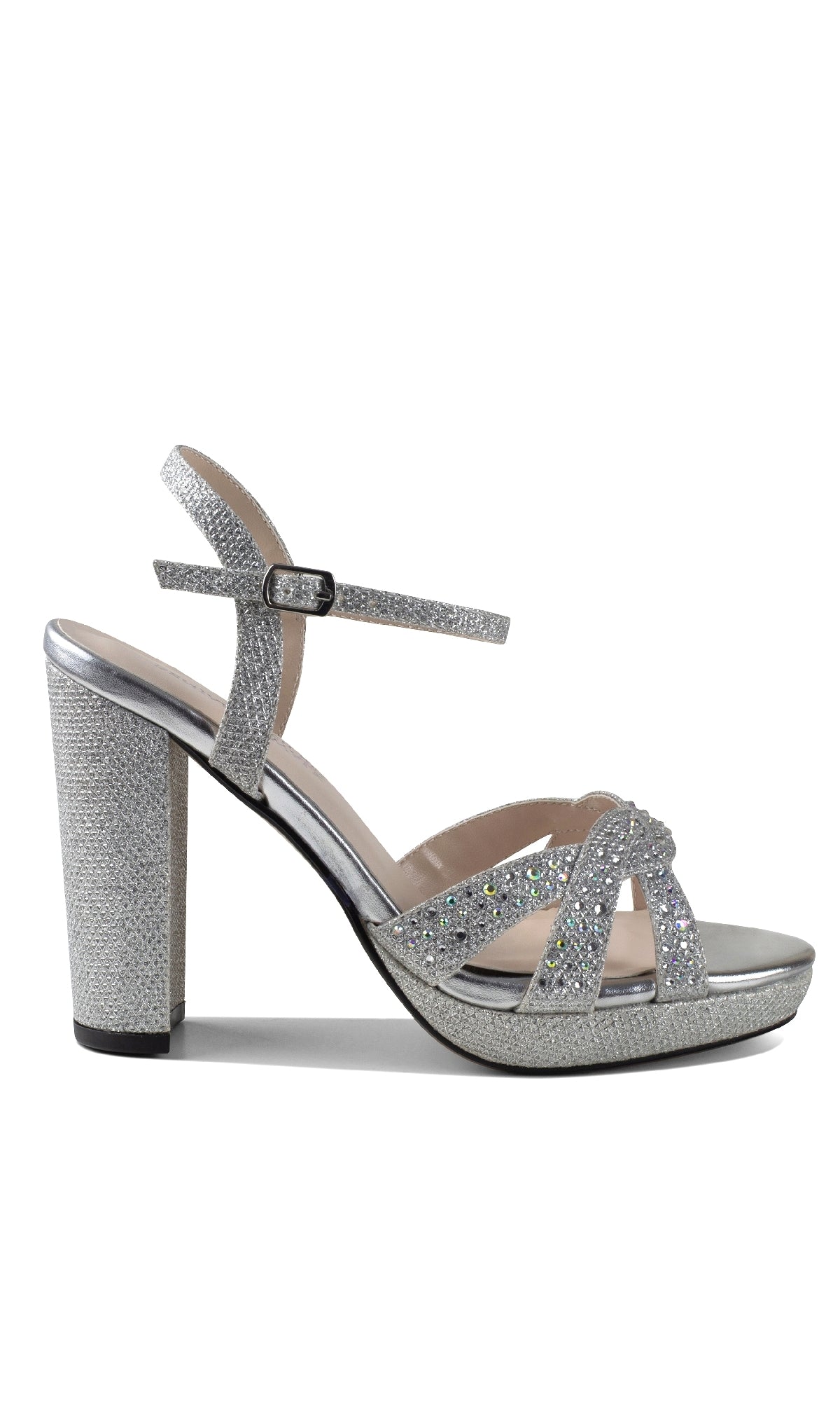 The Ava Silver Prom Shoes: Touch Ups 4633 feature a sparkly silver finish, ankle strap, open toe, and block heel, shining elegantly on a white background.