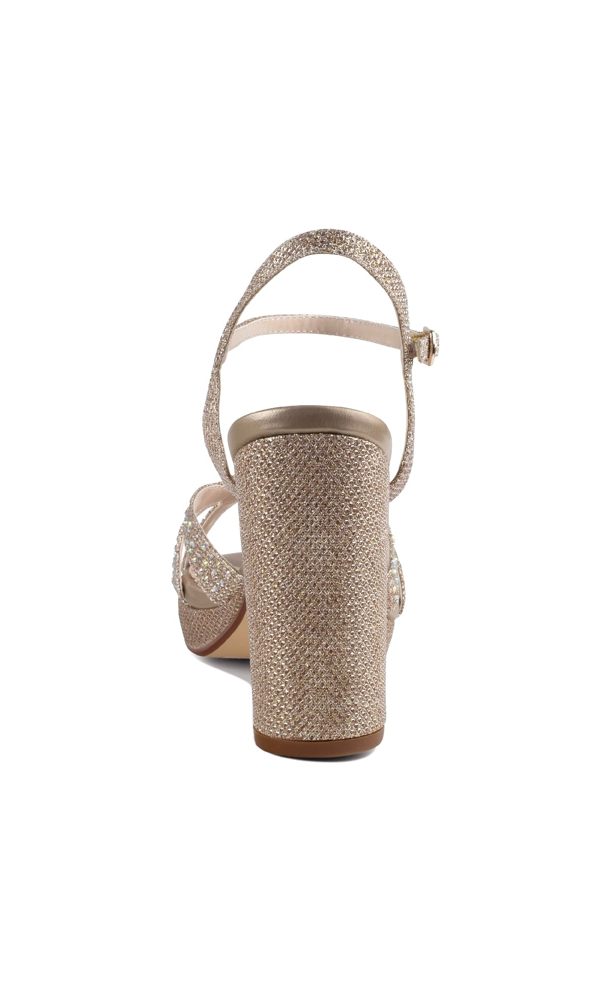 Rear view of Ava Champagne Glitter Prom Shoes: Touch Ups 4634, a women's high heel sandal with a textured champagne glitter finish and an ankle strap with buckle, perfect for prom.