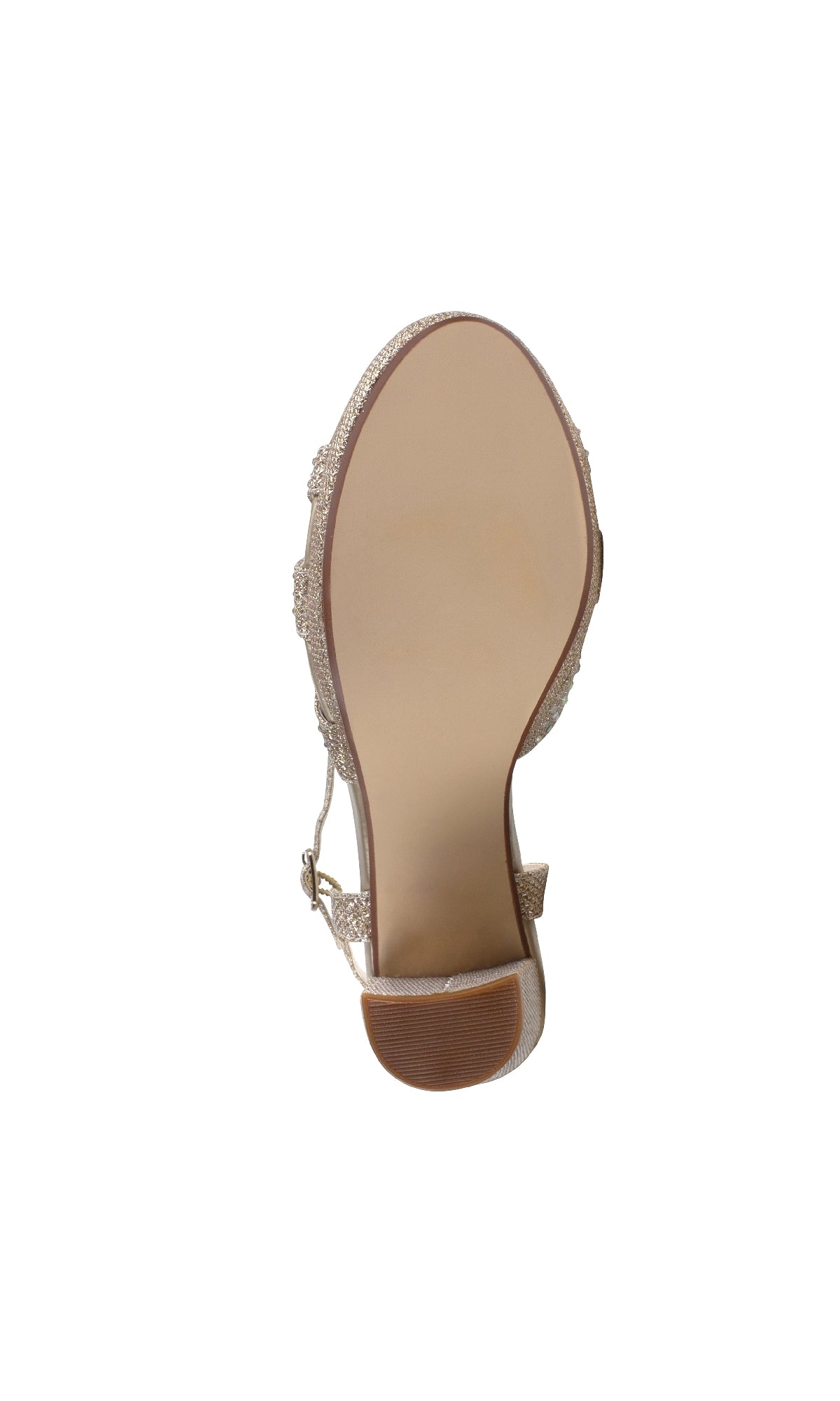 Bottom view of a beige high heel with closed toe, ankle strap, and textured sole—ideal for pairing with Ava Champagne Glitter Prom Shoes: Touch Ups 4634.