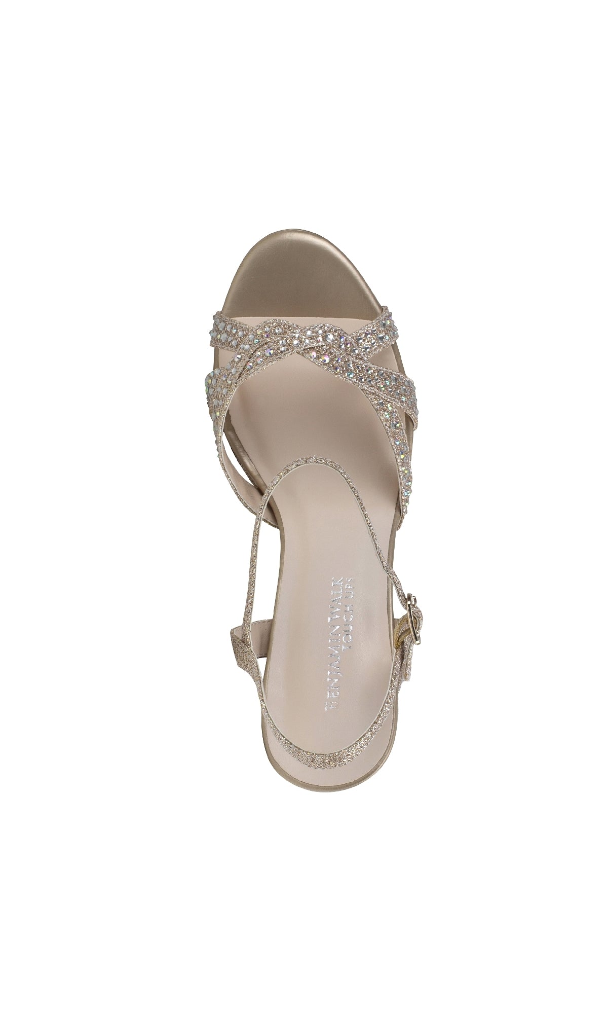 A top view of the Ava Champagne Glitter Prom Shoes: Touch Ups 4634, a beige open-toe sandal with jeweled crisscross straps and an ankle strap, displayed on a white background.