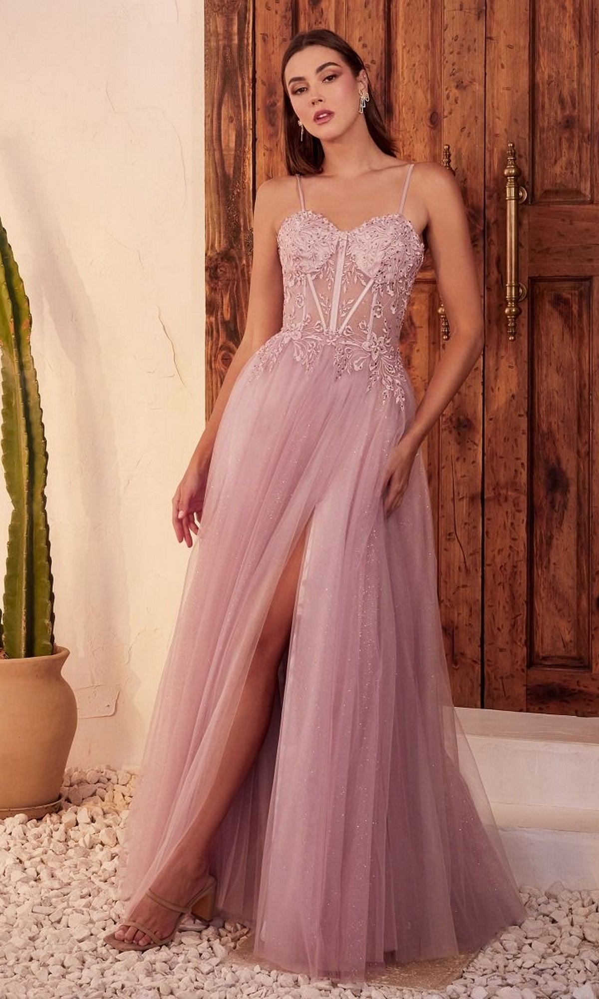 A woman stands before a wooden door in the Sheer-Waist Long Glitter-Tulle Prom Dress C150, featuring a sheer bodice, thin straps, thigh-high slit, and floor-length glittering tulle for an elegant look.