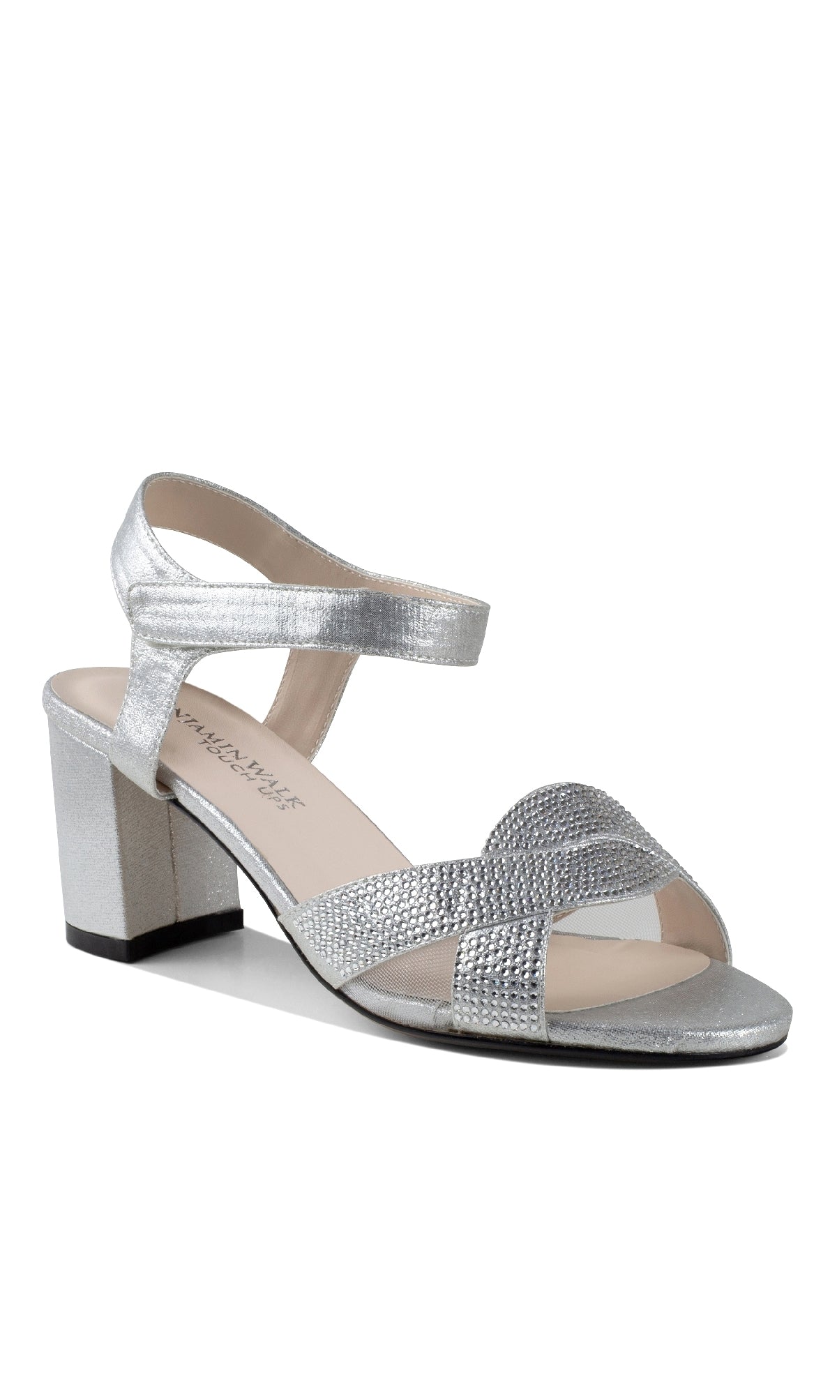 The Cam Silver Shimmer Prom Dress Shoes: Touch Ups 4638 are silver, open-toe block heel sandals with ankle strap and crisscross textured front straps—ideal as stylish silver prom shoes.