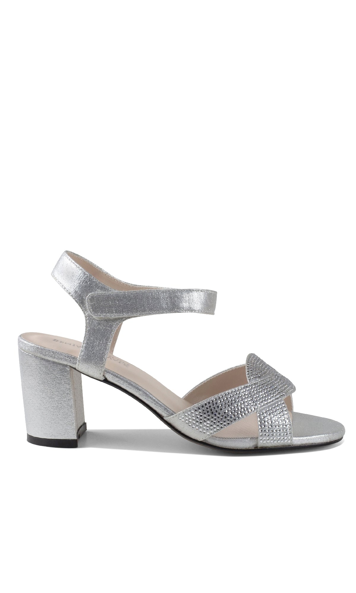 The Cam Silver Shimmer Prom Dress Shoes by Touch Ups (4638) are silver, open-toe sandals with block heels, ankle and crisscross toe straps, plus a sparkly textured design—perfect as prom shoes.