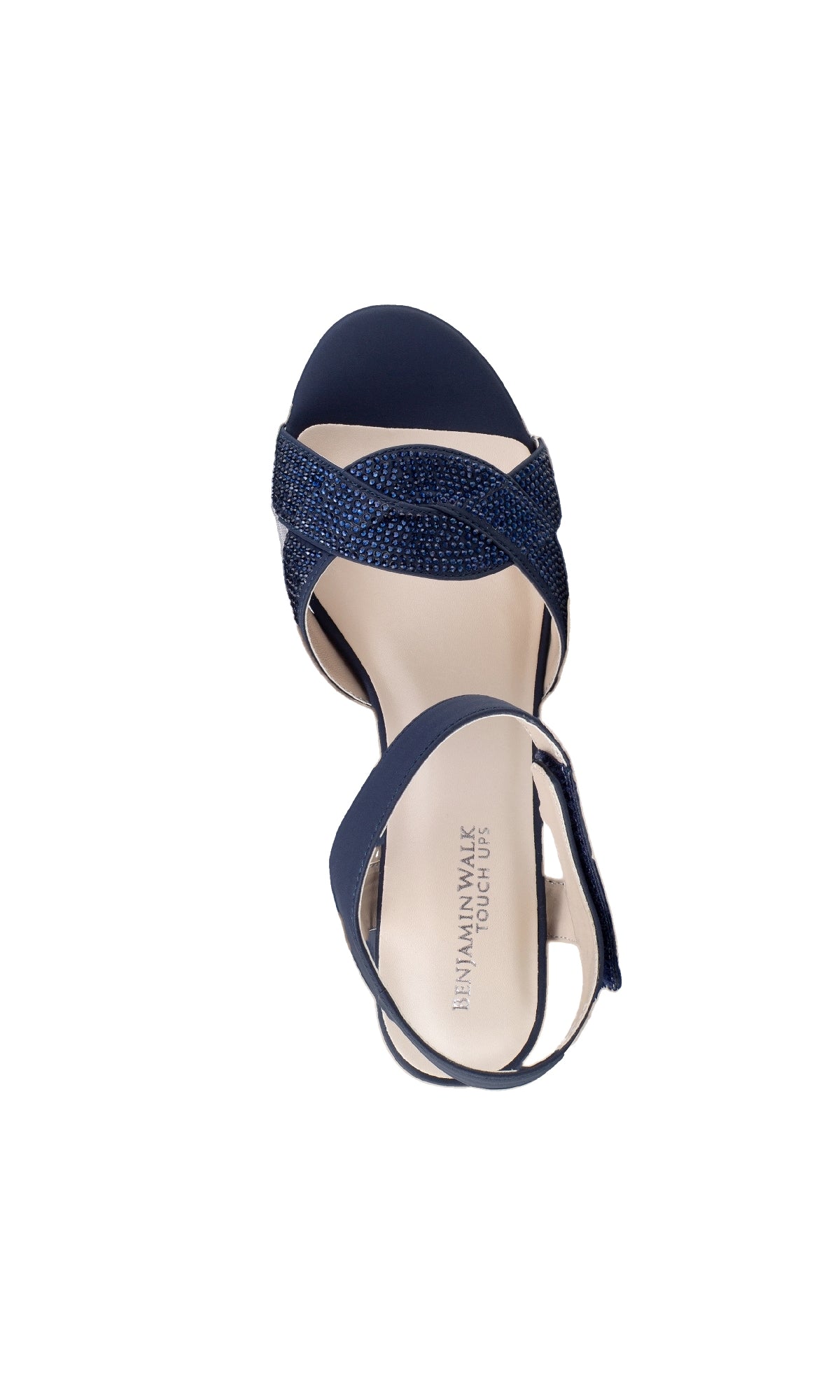 The Cam Navy Blue Shimmer Prom Shoes (Touch Ups 4640) feature a textured crisscross and ankle strap, open toe, and chic block heels—elegant dress sandals shown from above on a white background.