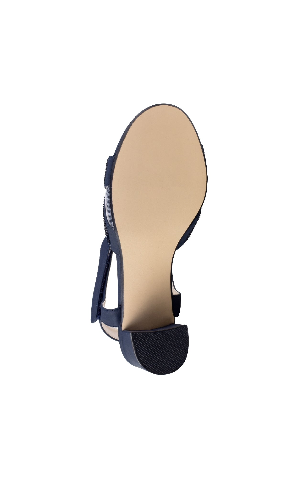 A close-up of the Cam Navy Blue Shimmer Prom Shoes: Touch Ups 4640 shows the block heel’s smooth beige sole and textured tip, all photographed against a white background.