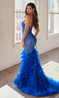 Feather-Trim Long Beaded Mermaid Prom Dress CC2308
