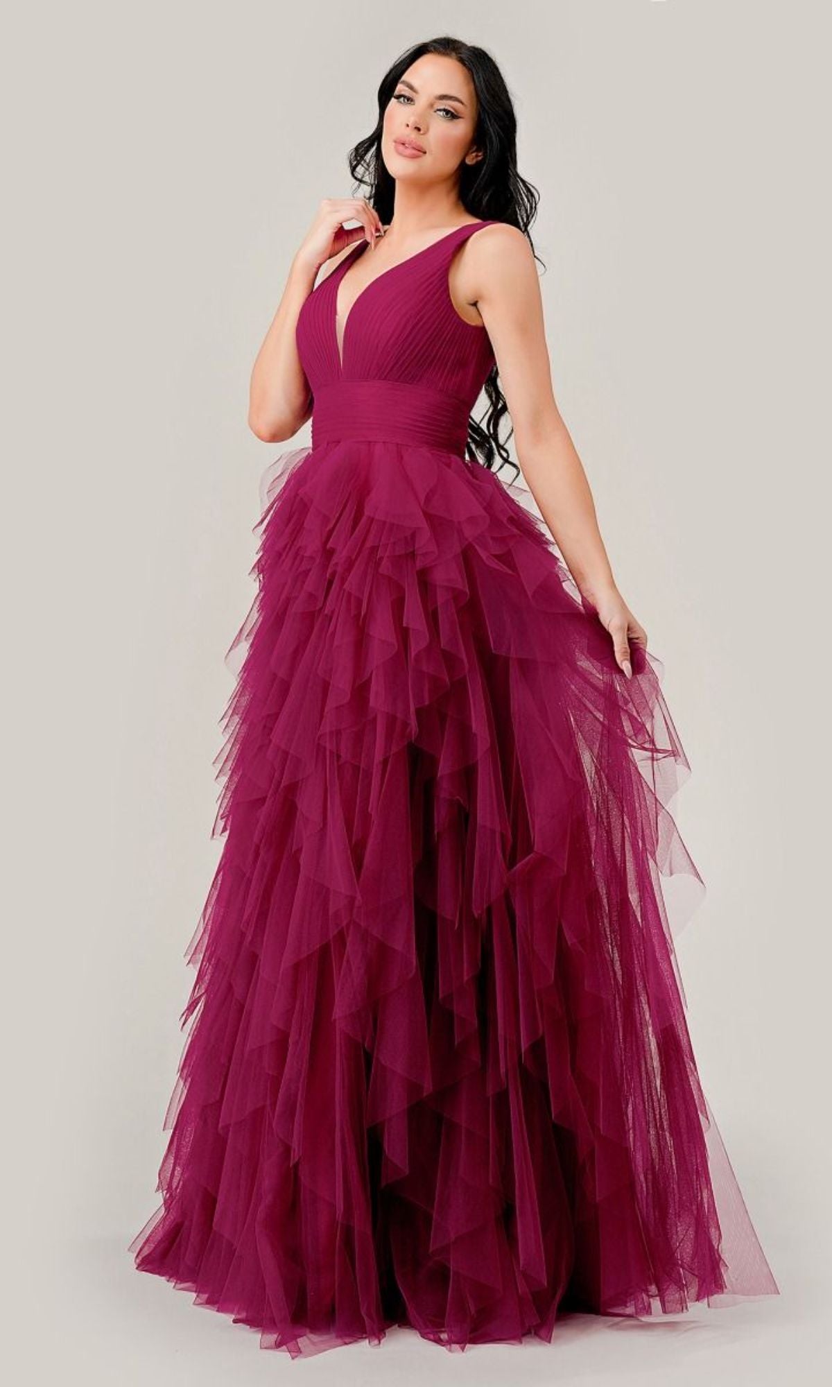 V-Neck Layered Long A-Line Prom Ball Gown CD347