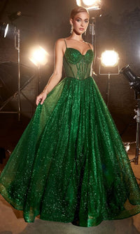 Sheer-Bodice Long A-Line Shimmer Prom Dress CD832