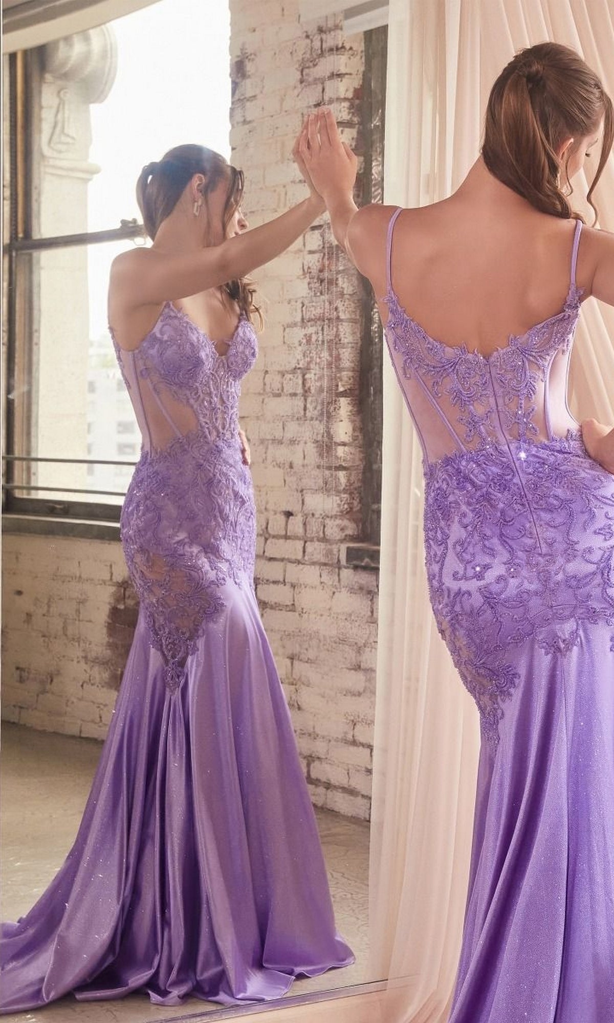 A woman in the Glitter-Lace Sheer-Bodice Long Prom Dress CDS470, featuring a fitted lavender glitter lace mermaid silhouette and sheer side panels, stands facing a mirror in a loft-style room.
