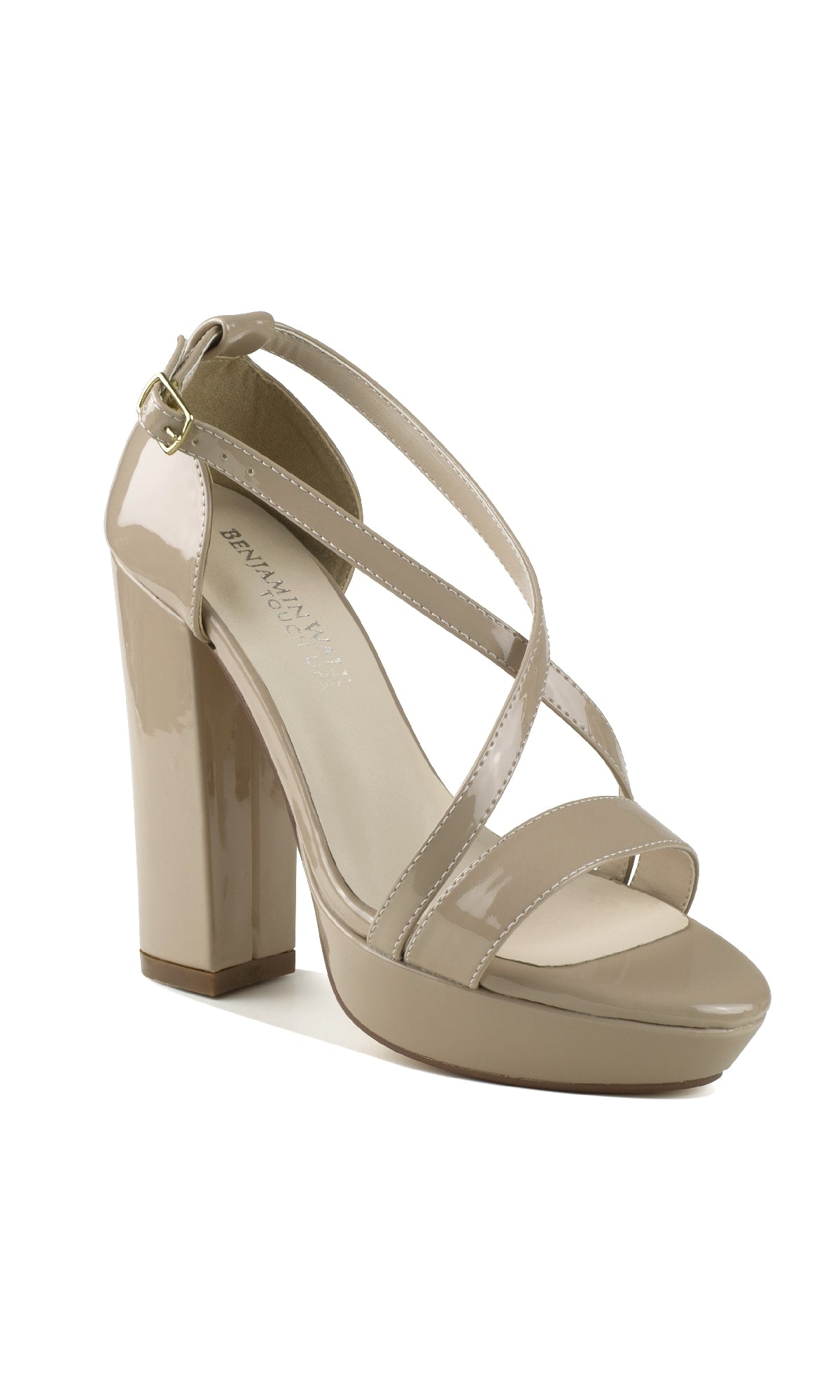 The Chloe Nude Shimmer Prom Shoes: Touch Ups 4646 are beige patent leather heels with crisscross straps, open toe, platform sole, and ankle buckle—perfect nude shimmer sandals for any special occasion.