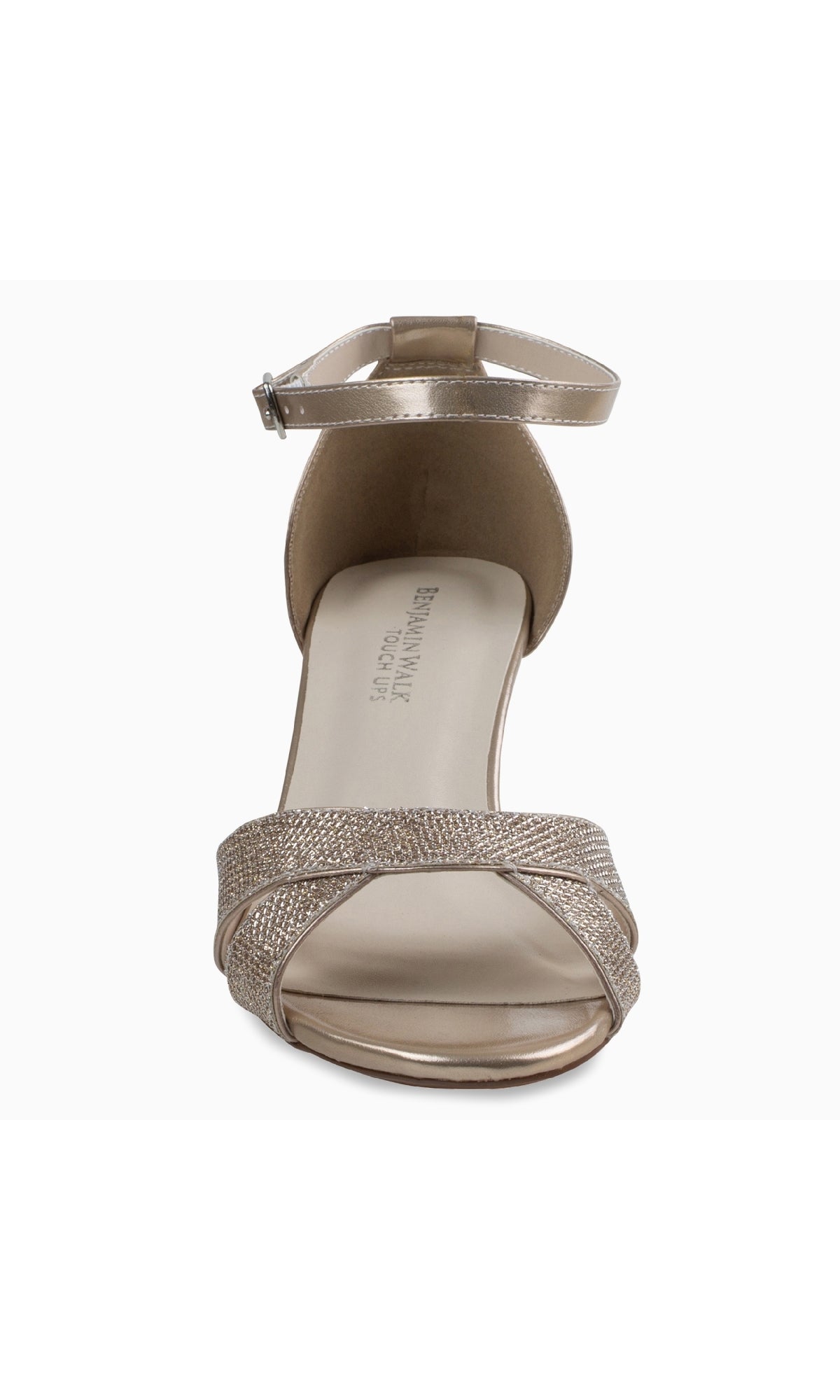 Front view of the Clementine Champagne Glitter Prom Shoes by Touch Ups 4614, featuring a metallic ankle strap, textured crisscross toe straps, and low kitten heels for an elegant finish.