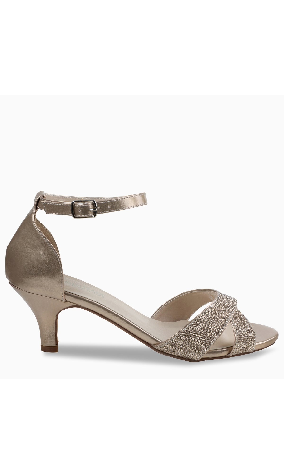 The Clementine Champagne Glitter Prom Shoes by Touch Ups 4614 are gold, strappy, open-toe sandals with a low kitten heel and ankle strap with a small buckle—perfect for sparkling prom style.