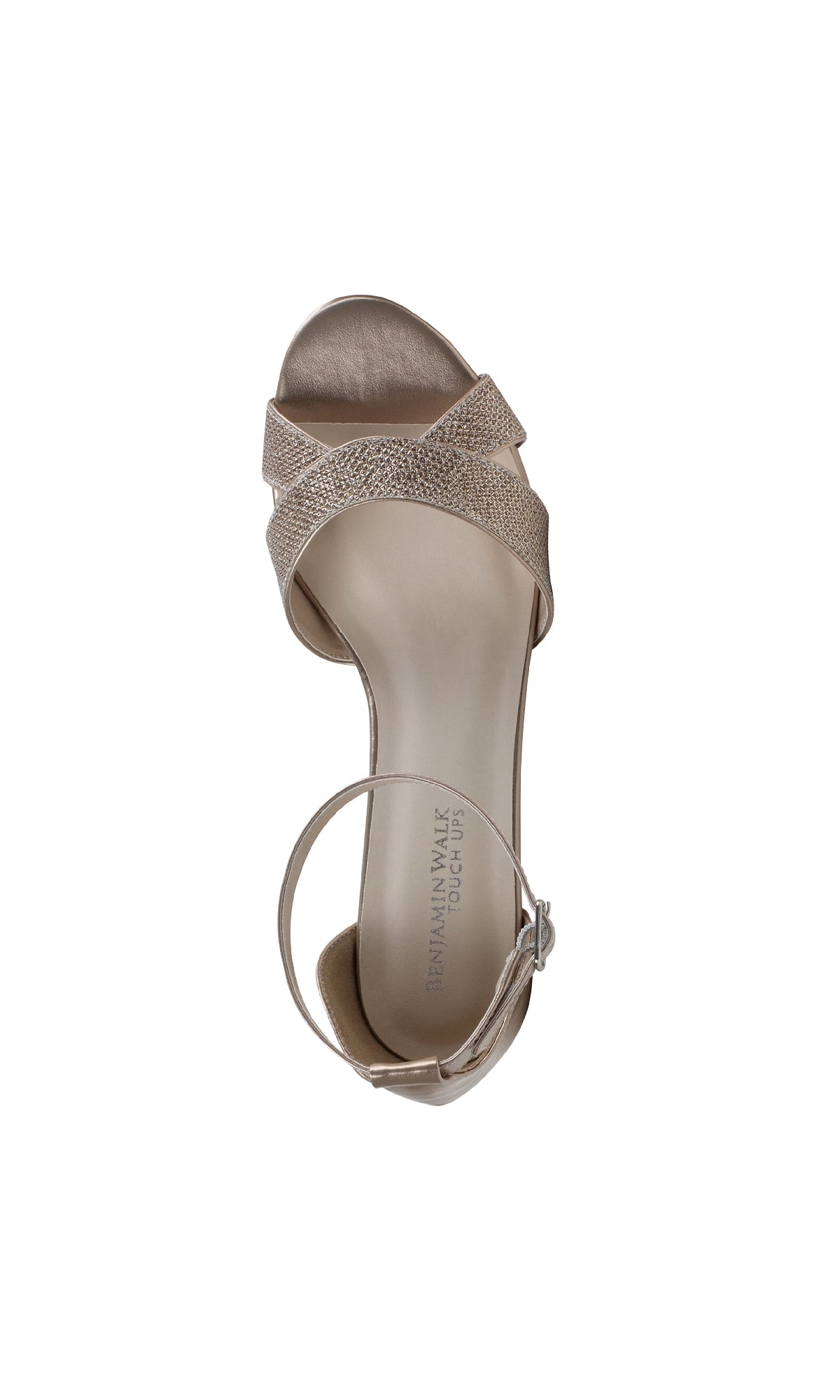 Top view of the Clementine Champagne Glitter Prom Shoe by Touch Ups 4614, featuring a low heel, open toe, textured cross-strap design, and ankle strap in champagne glitter, displayed on a white background.
