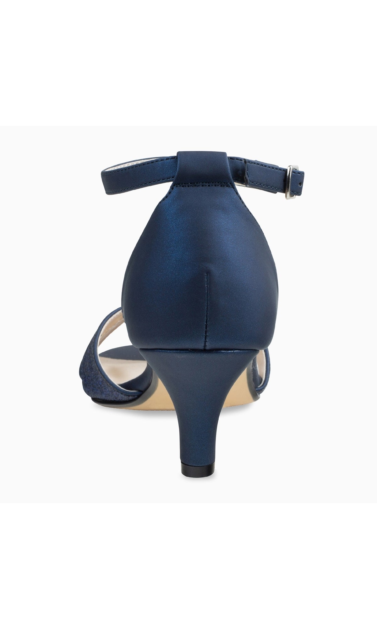 Rear view of the Clementine Navy Blue Glitter Prom Shoes by Touch Ups 4616—a satin open-toe style with an ankle strap and medium heel, ideal as elegant navy blue shoes for prom or any special occasion.