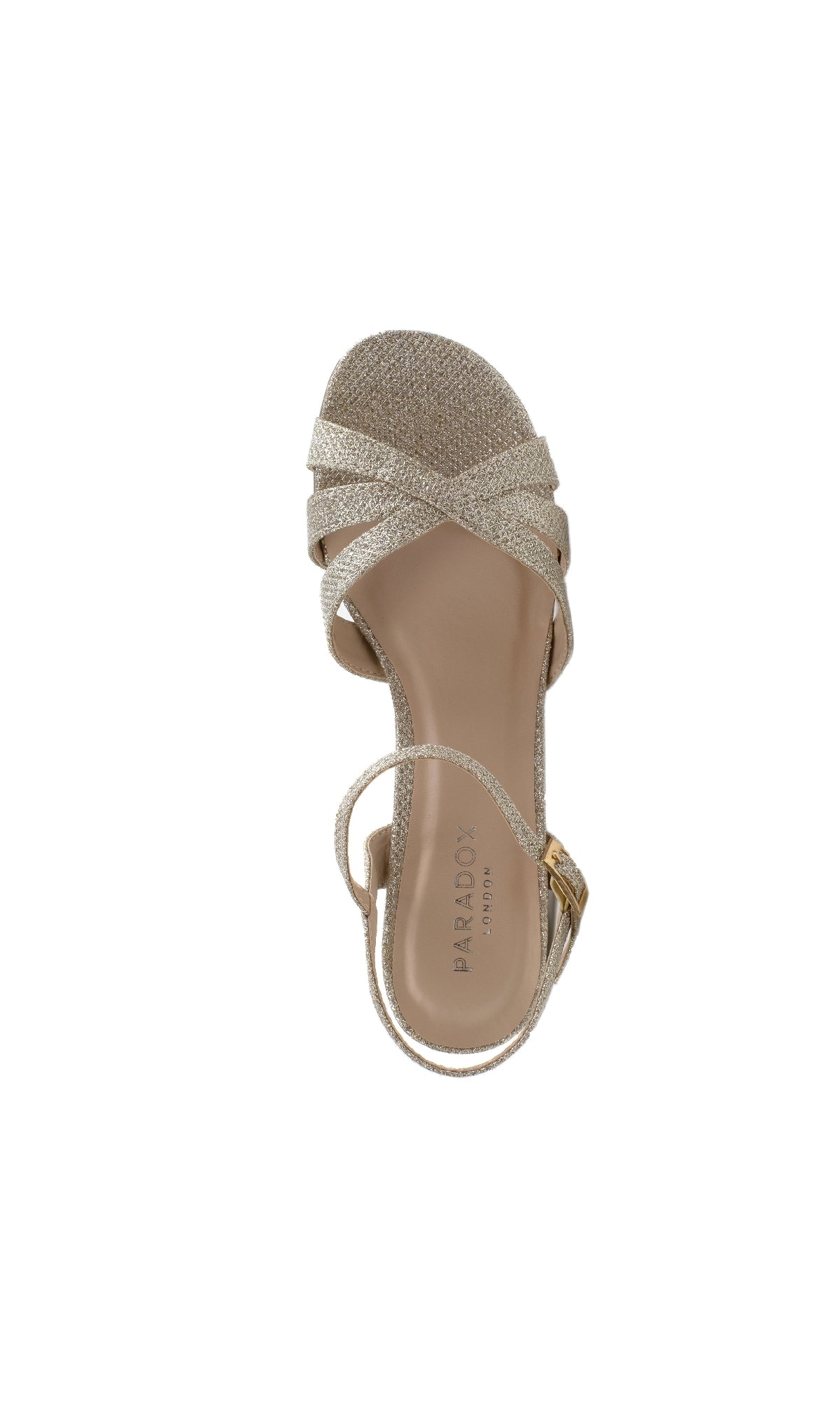 The Colette Champagne Prom Shoes (Paradox London P1802) feature sparkly crisscross glitter straps, block heels, an ankle buckle, and