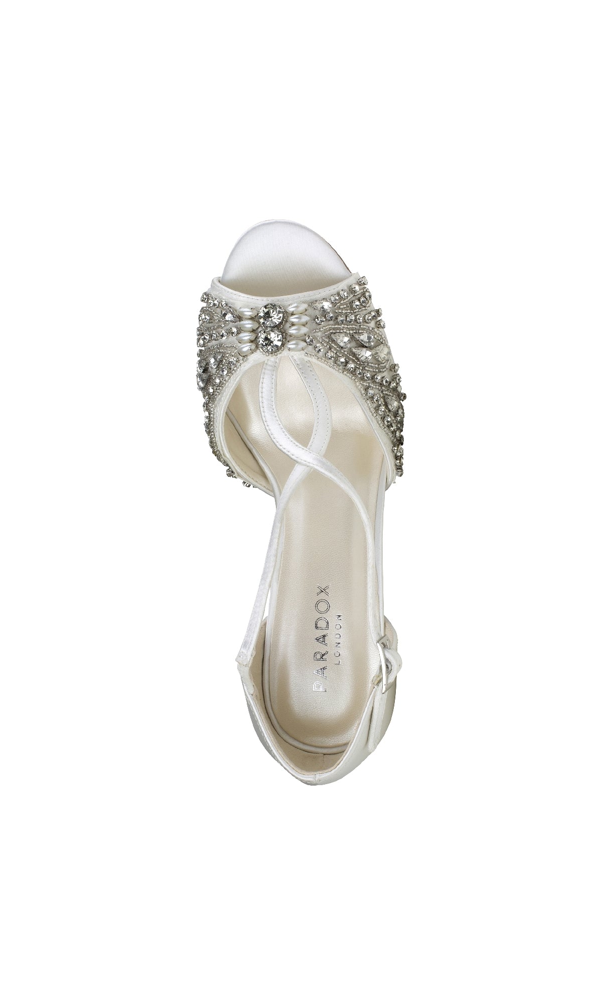 The Elin Ivory Satin Prom Shoes by Paradox London (P2204) are white stiletto heels embellished with rhinestones and beads—elegant jeweled formal shoes perfect for any special occasion.