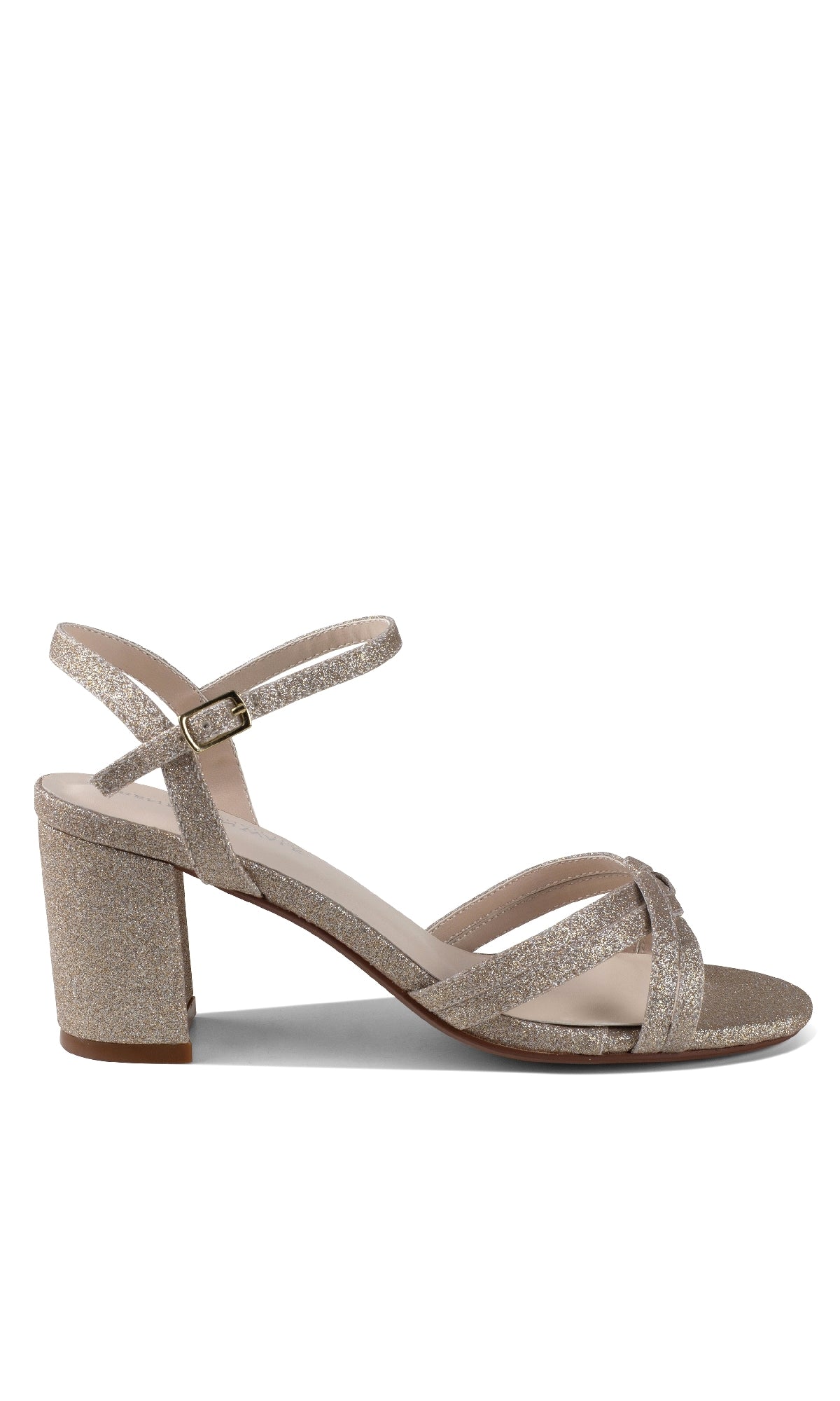 The Elle Champagne Glitter Prom Shoes (Touch Ups 4642) feature a single block heel, ankle strap with buckle, open toe, and crisscross front straps—an elegant low-heel option for stylish prom attire.
