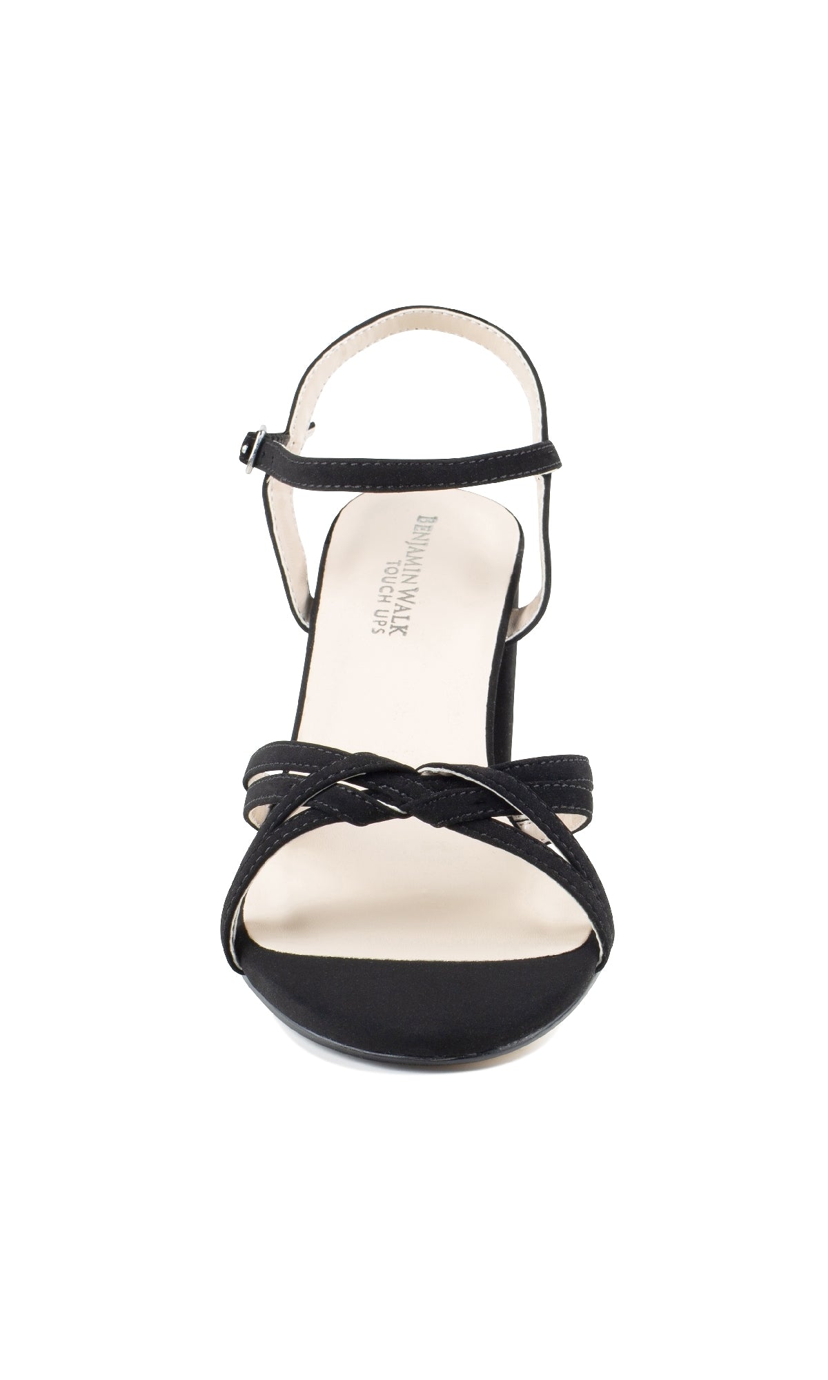 Front view of Elle Black Formal Prom Shoes: Touch Ups 4643, a black open-toe sandal with braided toe strap and ankle strap, displayed on white—ideal for adding chic elegance to your prom or formal look.