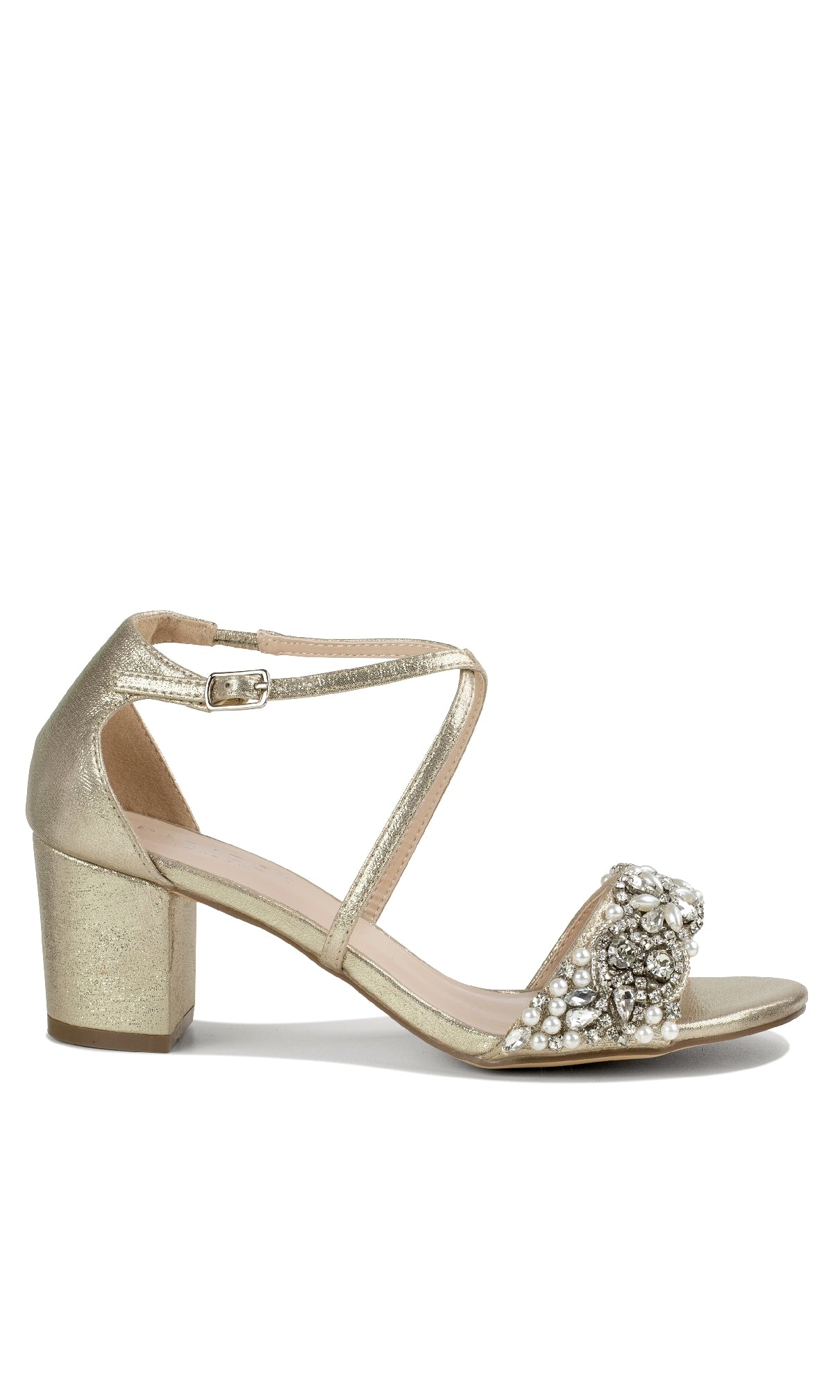 The Evangeline Champagne Prom Shoes (Paradox London P2202) feature a gold block heel, ankle strap with buckle, and rhinestone and bead-embellished toe strap—perfect jeweled block heel shoes or stylish champagne prom shoes.