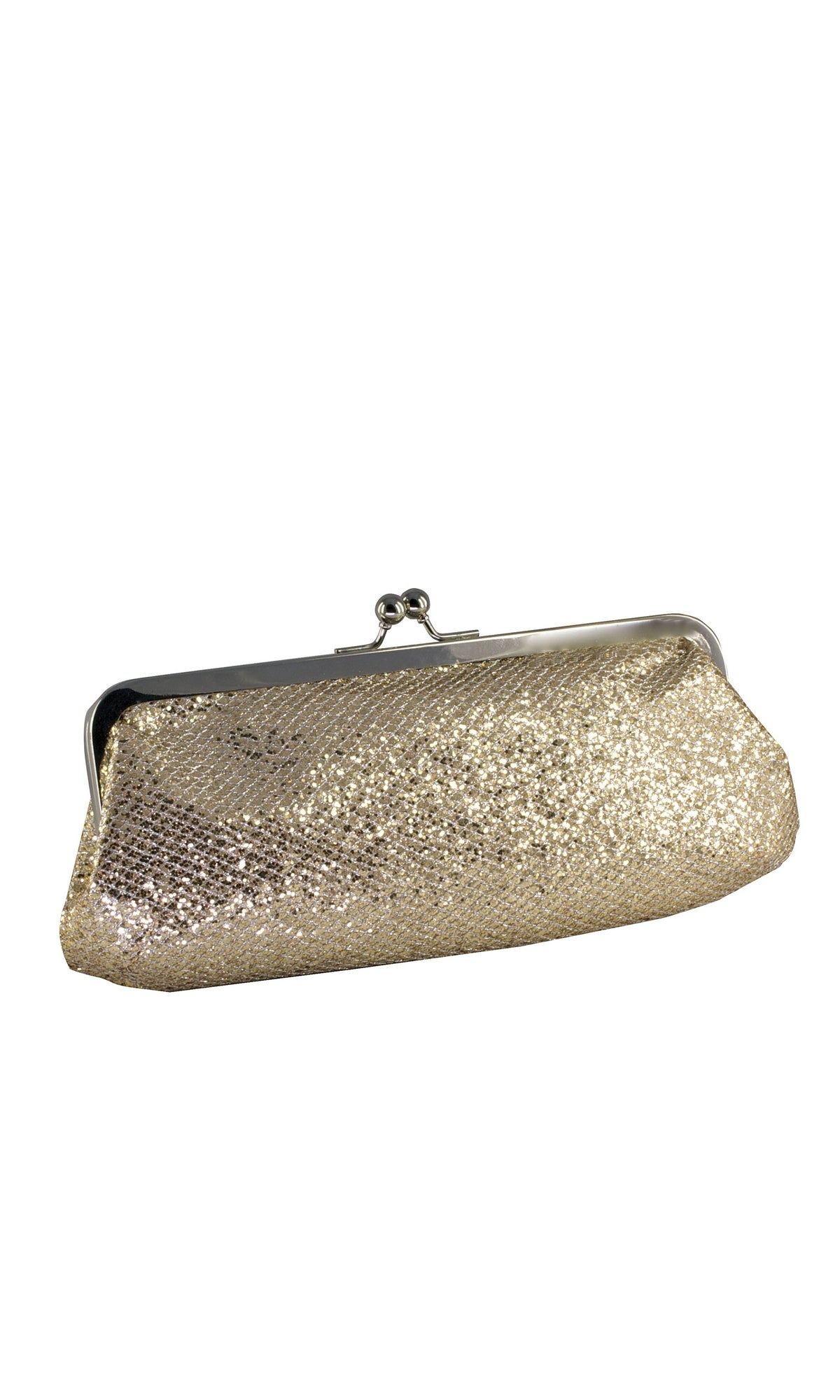 Farah Champagne Prom Clutch: Touch Ups B702 in champagne-colored glitter with a silver-tone frame and kiss-lock closure.