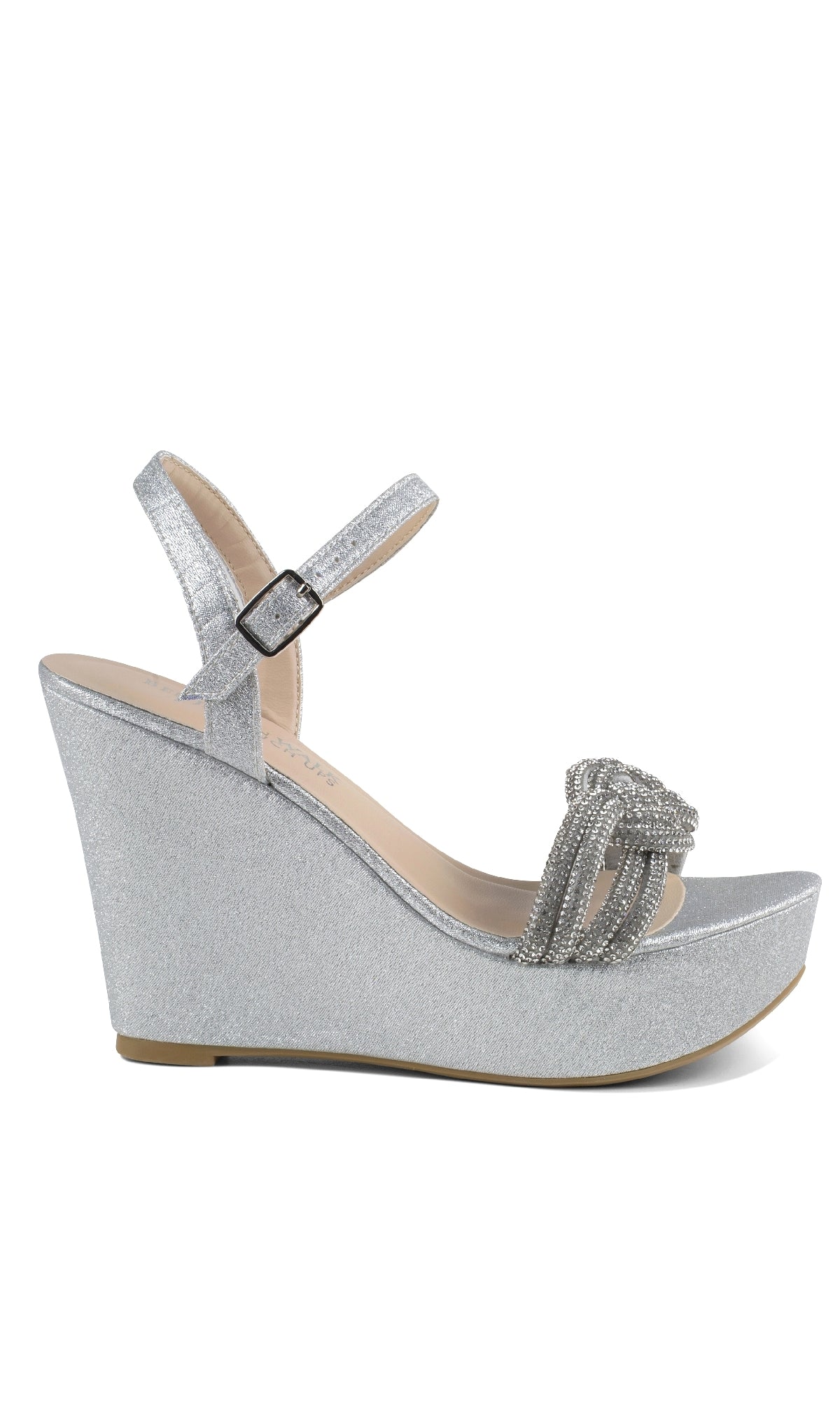 Gemini Silver Glitter Wedge Prom Shoes: Touch Ups 4649 feature jeweled ankle straps, buckle closure, and braided toe detail—stylish wedge heels ideal for any special occasion.