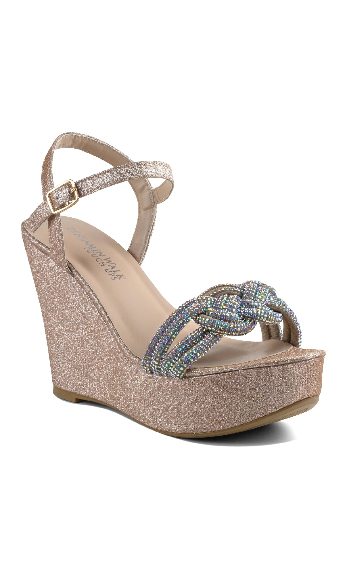 The Gemini Champagne Glitter Prom Shoes (Touch Ups 4650) feature jeweled straps, an ankle buckle, a knotted front with multicolored beads, and a glittery nude wedge—ideal for prom.
