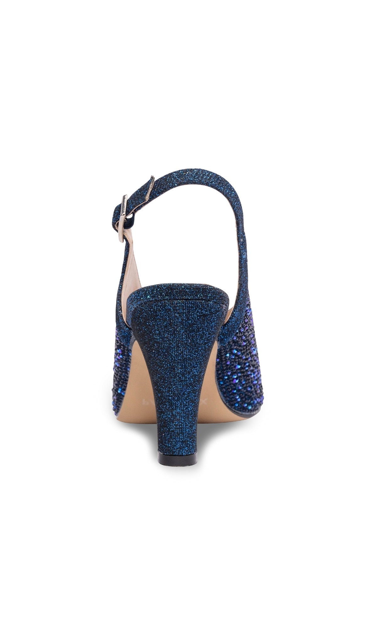 A rear view of the Glory Navy Blue Prom Shoes: Paradox London P2302, showcasing glitter high heels with ankle strap buckle closures and a closed heel.