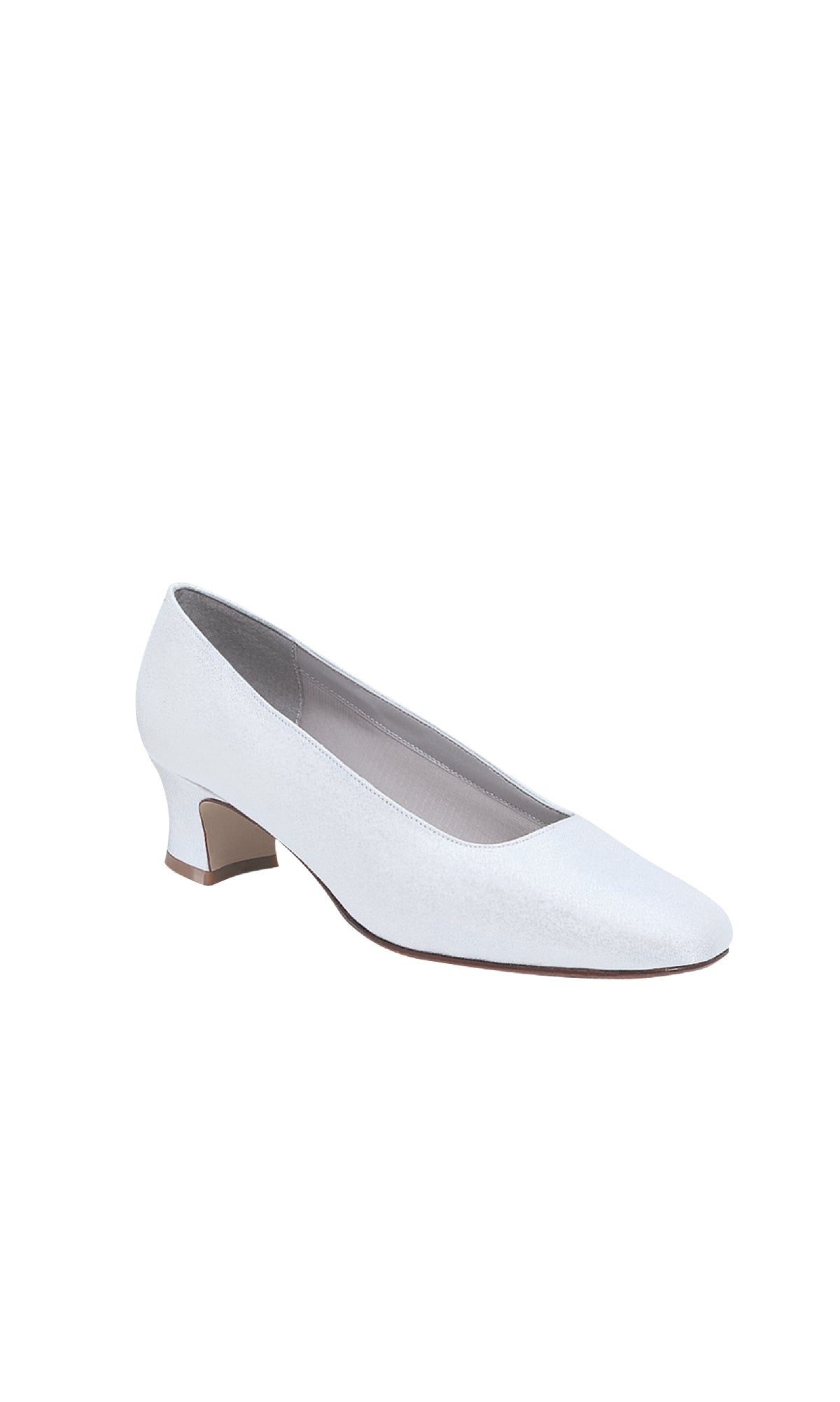 The Grace White Prom Shoes: Dyeables 20451 feature a closed, rounded toe and a short chunky heel, making them ideal low heel prom shoes. Shown against a plain white background.
