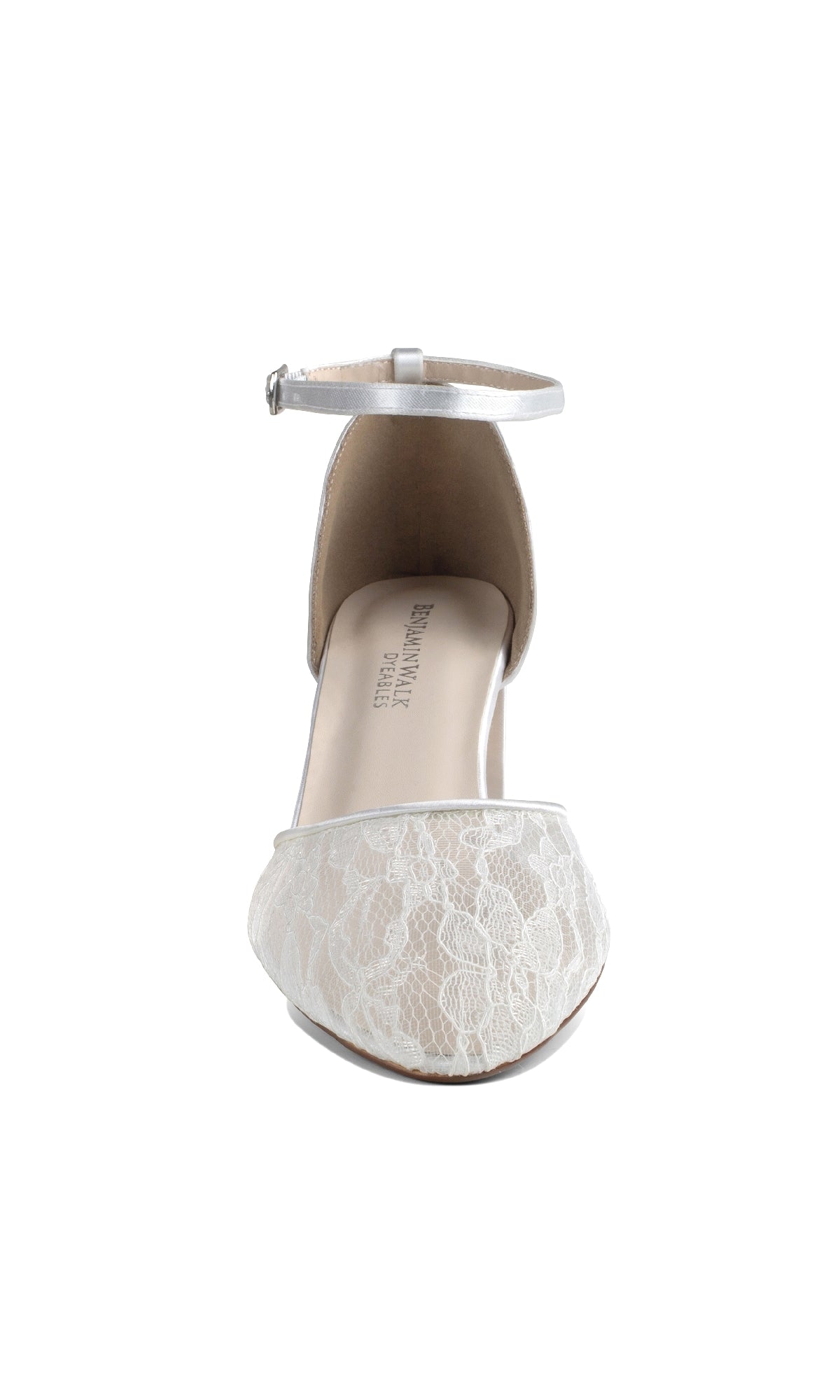 Front view of Hazel White Lace Prom Dress Shoes: Dyeables 4612, featuring a closed toe and silver ankle buckle, displayed against a plain white background.