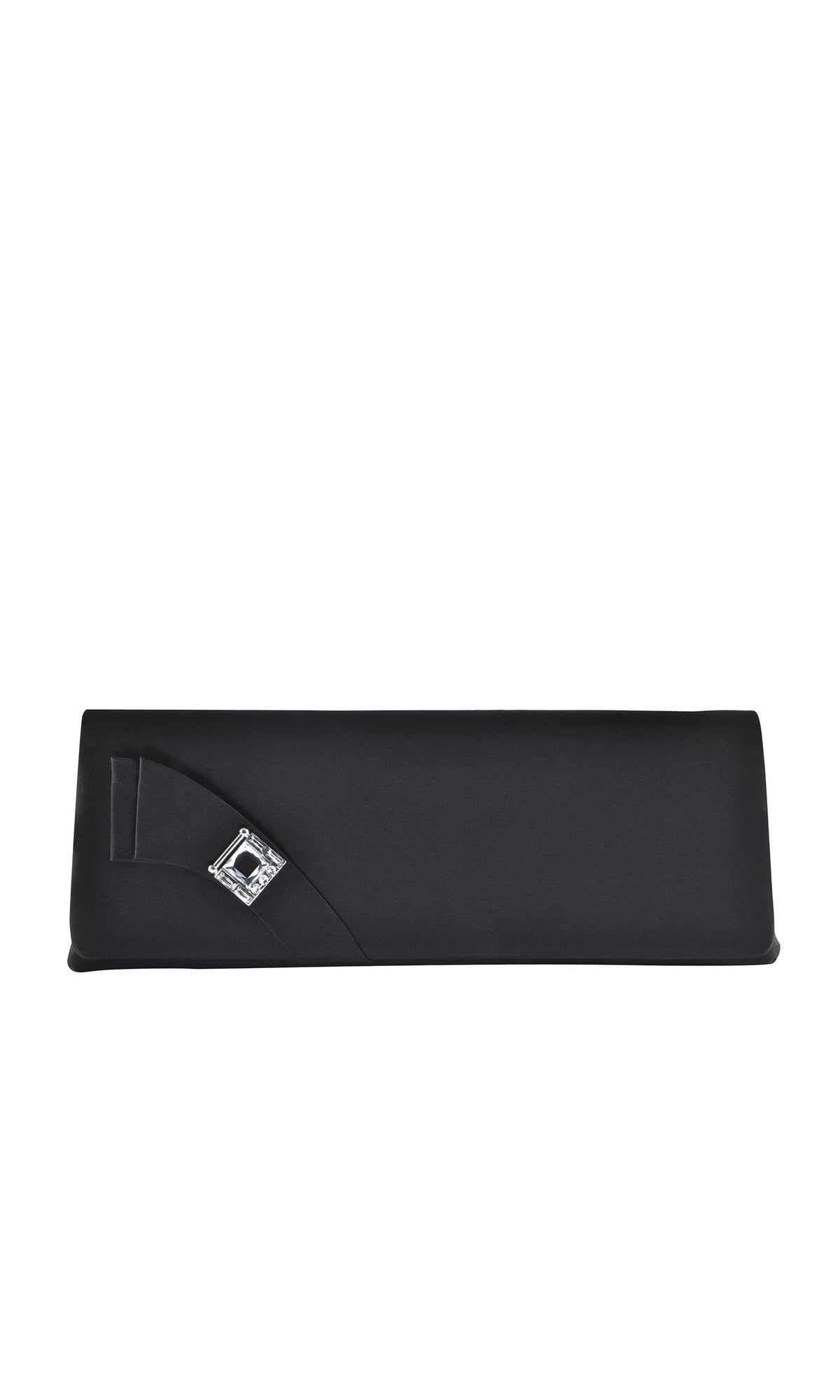 Heather Black Prom Clutch: Touch Ups B711 in black satin featuring a silver, crystal-encrusted square ornament on the front flap.