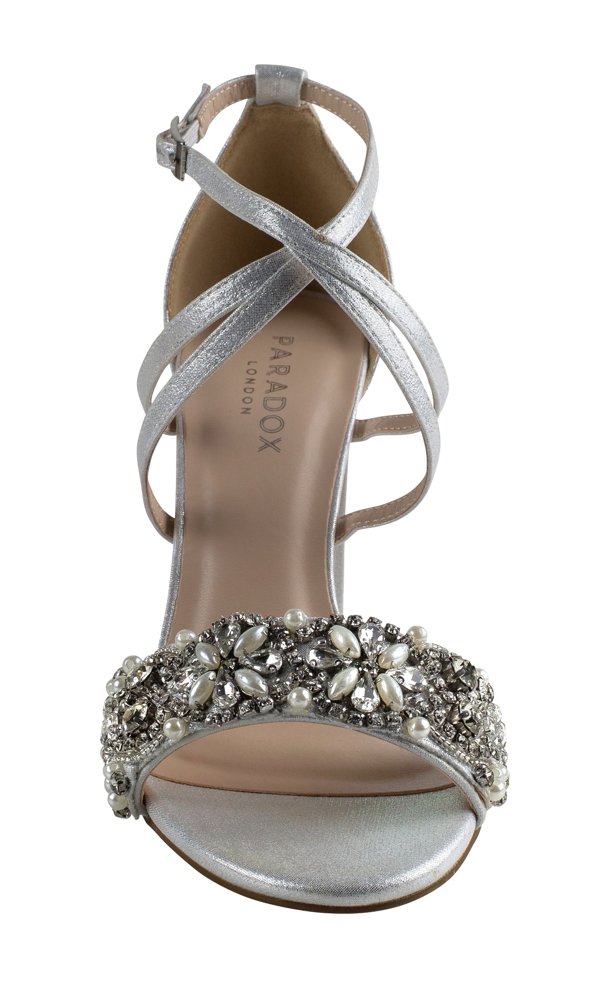 The Hira Silver Shimmer Prom Shoes (Paradox London P2101) feature an ankle strap and a pearl- and rhinestone-embellished front, making them an elegant, glamorous choice for those seeking jeweled prom shoes.