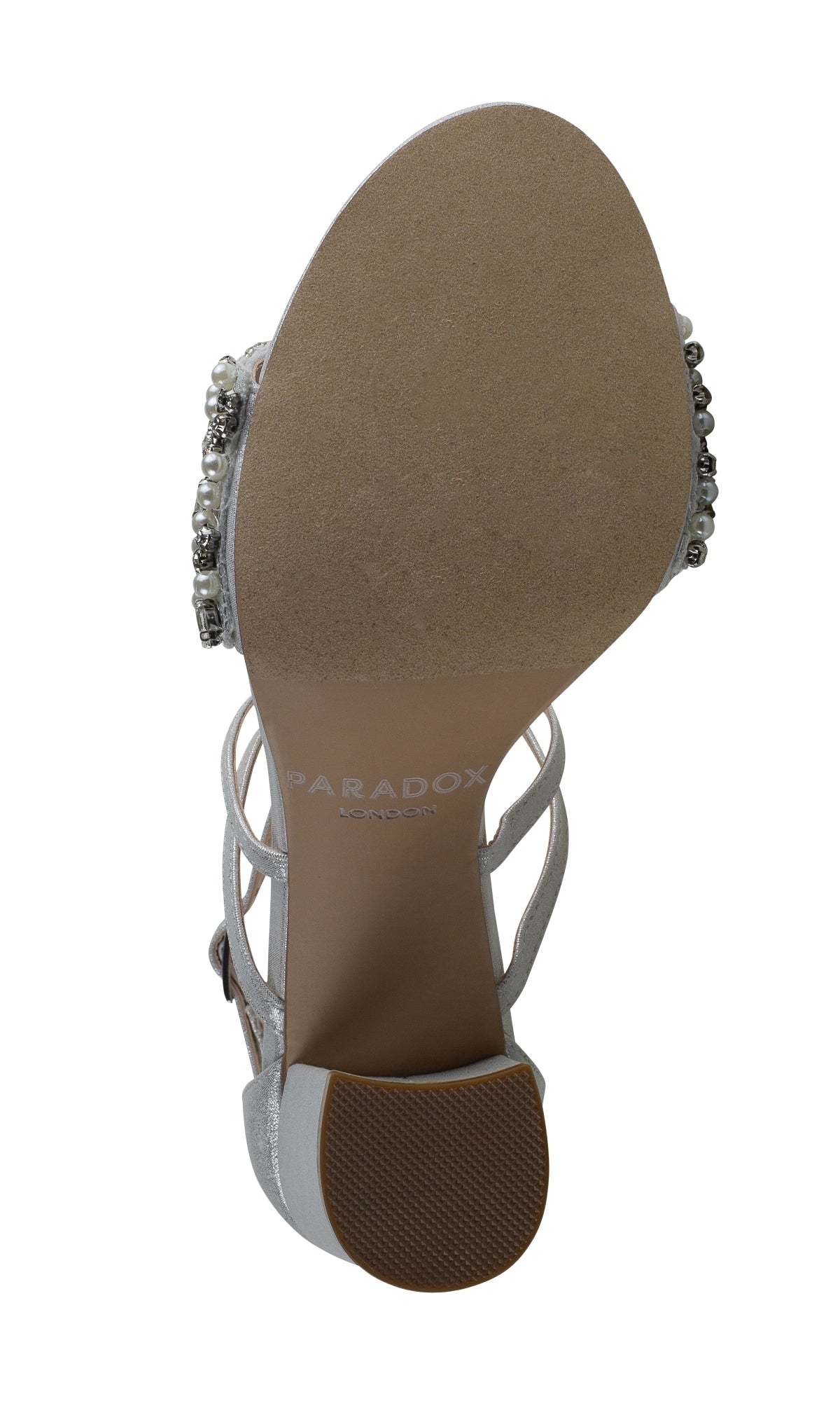 Bottom view of Hira Silver Shimmer Prom Shoes (Paradox London P2101) featuring sparkling rhinestone embellishments and the
