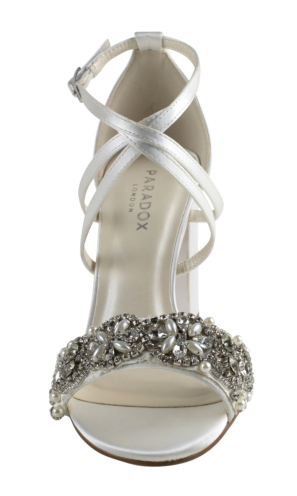 Front view of Hira Ivory Satin Prom Shoes: Paradox London P2103 featuring a low heel, crisscross ankle straps, and a pearl and rhinestone-embellished toe strap.