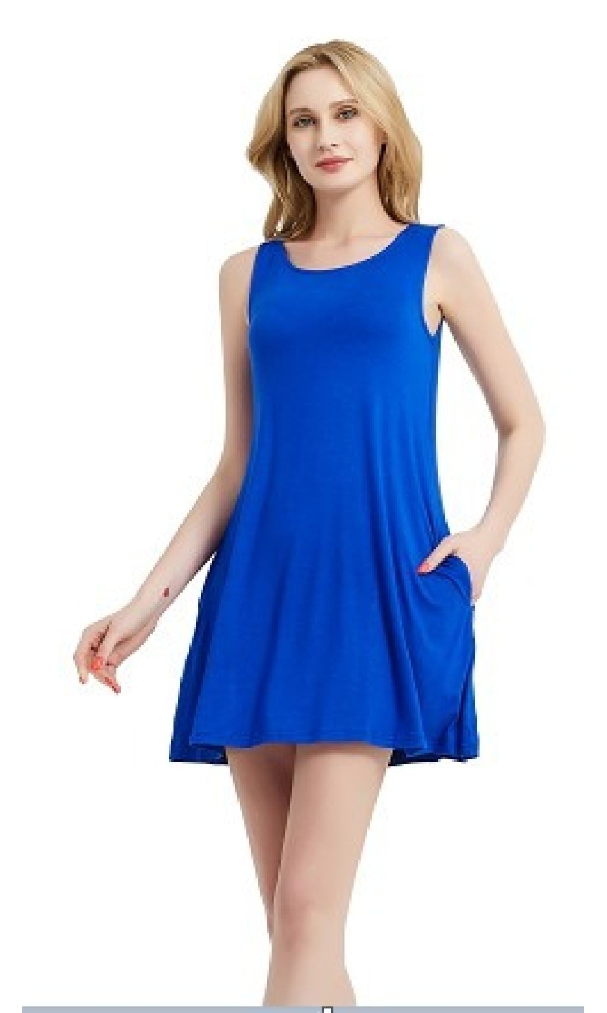 A woman wears the Sleeveless Casual Short T-Shirt Dress with Pockets in royal blue, standing against a white background.