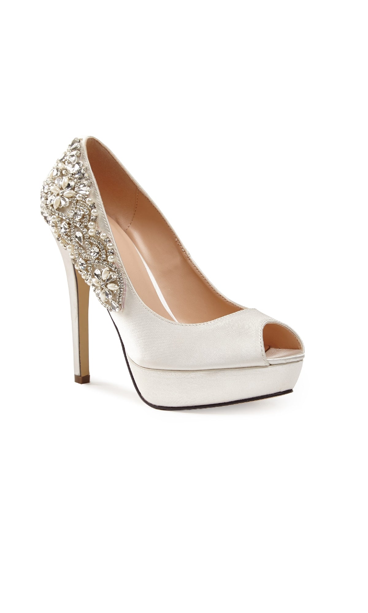 The Indulgence Ivory Satin Prom Shoes: Paradox London P1710 features a jeweled heel, peep-toe design, and platform sole adorned with rhinestones and beads for an elegant, show-stopping look.