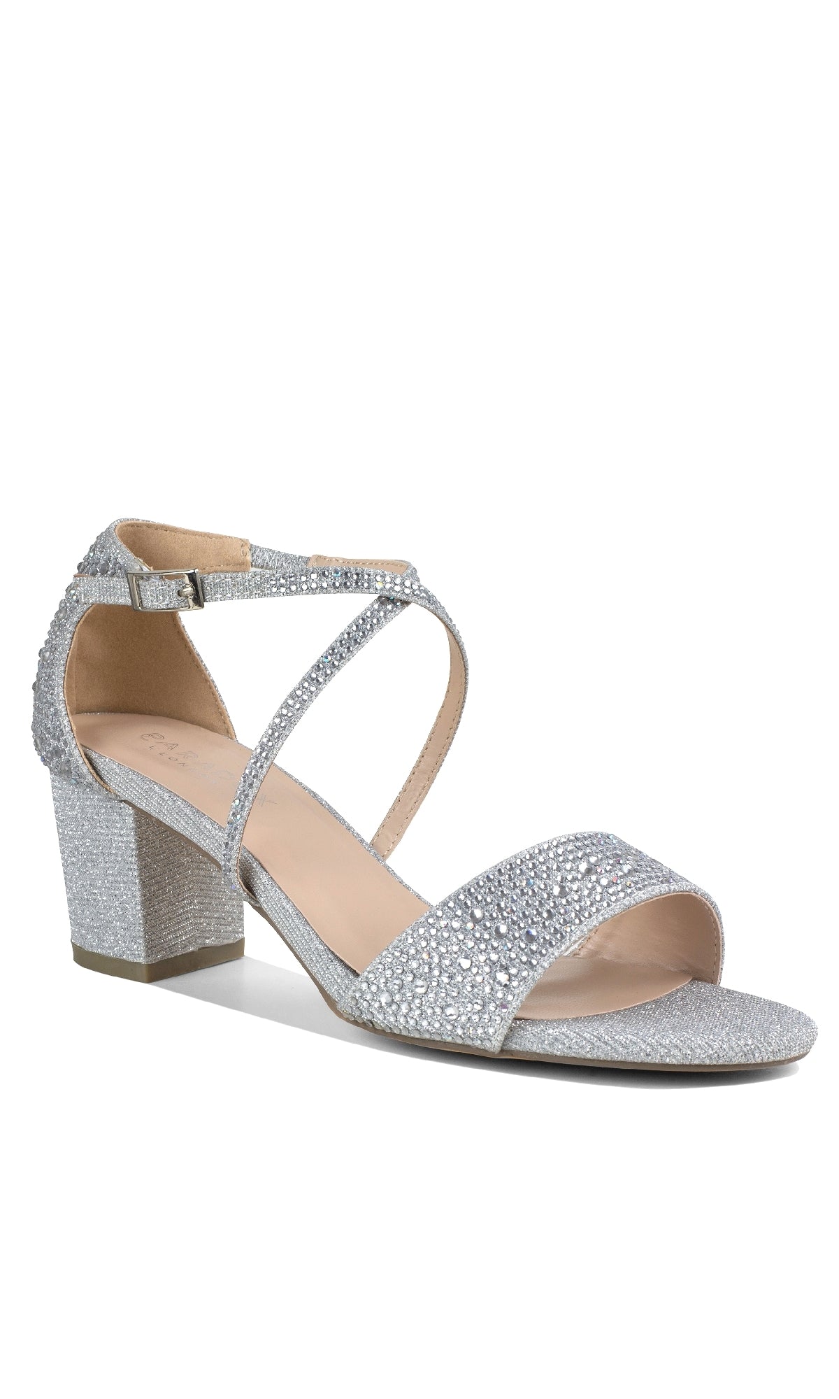The Ines Silver Prom Shoes by Paradox London (P2211) feature a block heel, ankle strap, and sparkling rhinestone embellishments on the straps, heel, and open toe—perfect for making a statement at prom.