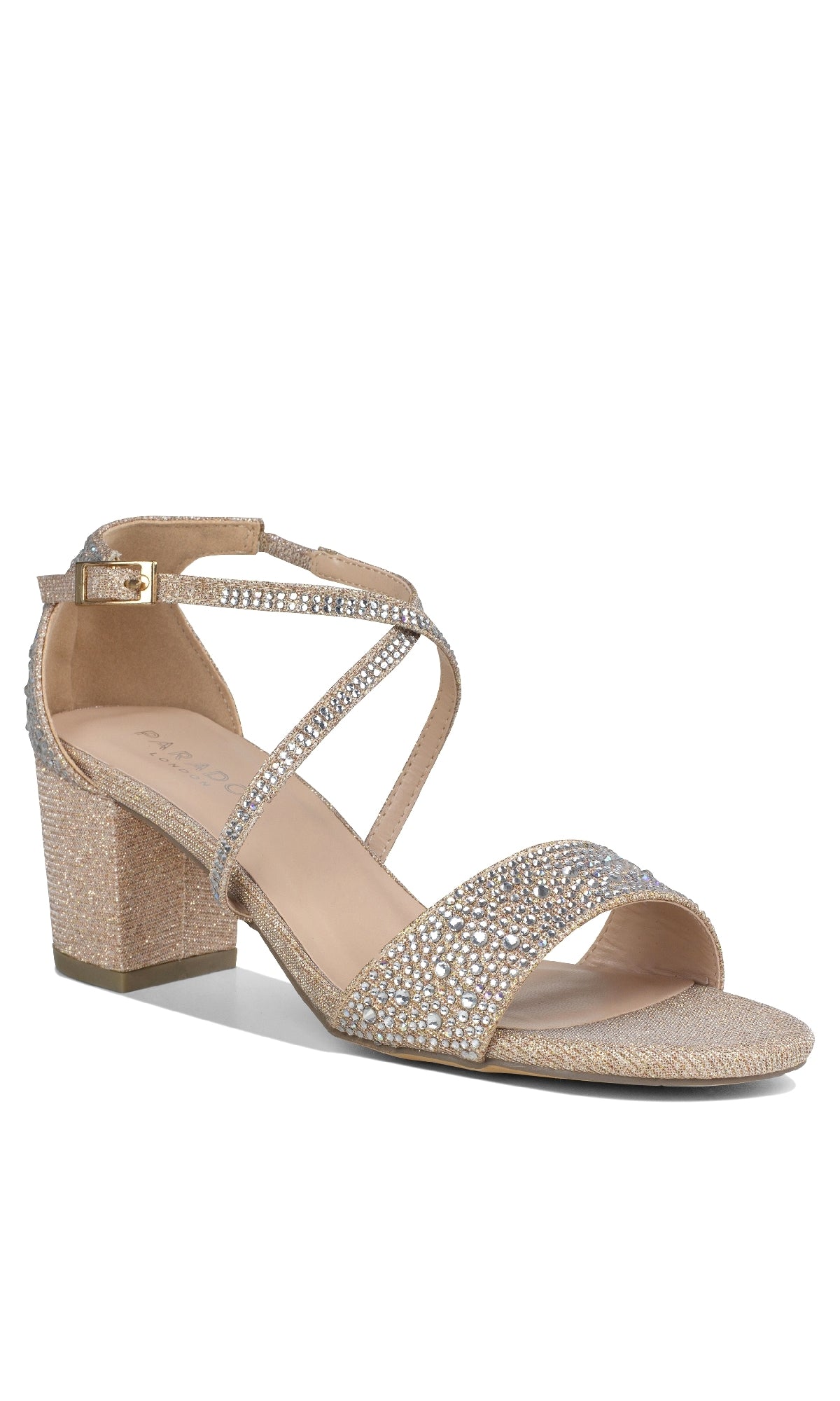 The Ines Champagne Prom Shoes (Paradox London P2212) feature a gold strappy design, 2-inch block heels, ankle strap, and rhinestone accents—ideal for adding sparkle to your prom look.