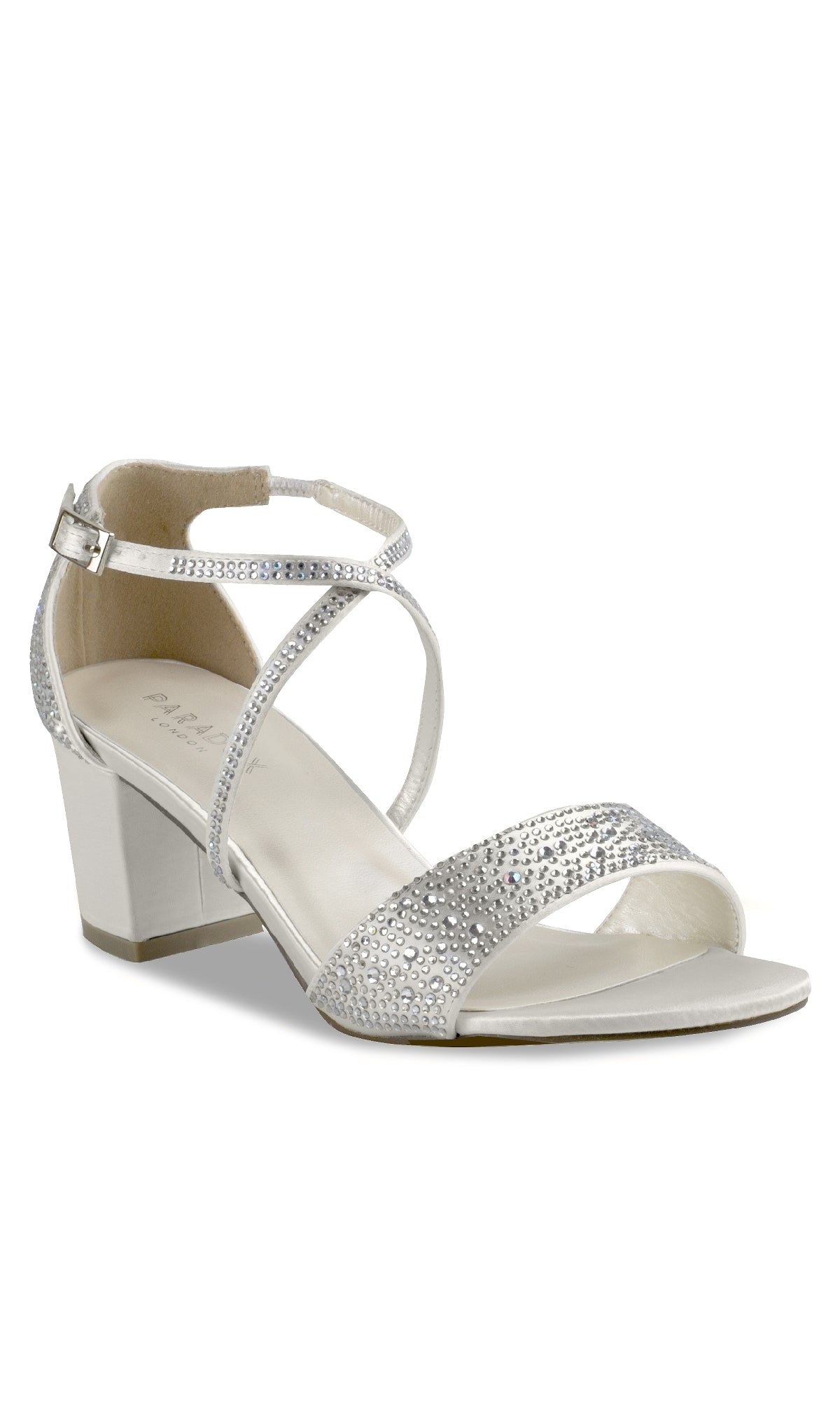 The Ines Ivory Satin Prom Shoes (Paradox London P2224) feature an ankle strap with buckle, open toe, and low block heel—ideal stylish low-heel prom shoes for a dazzling night out.