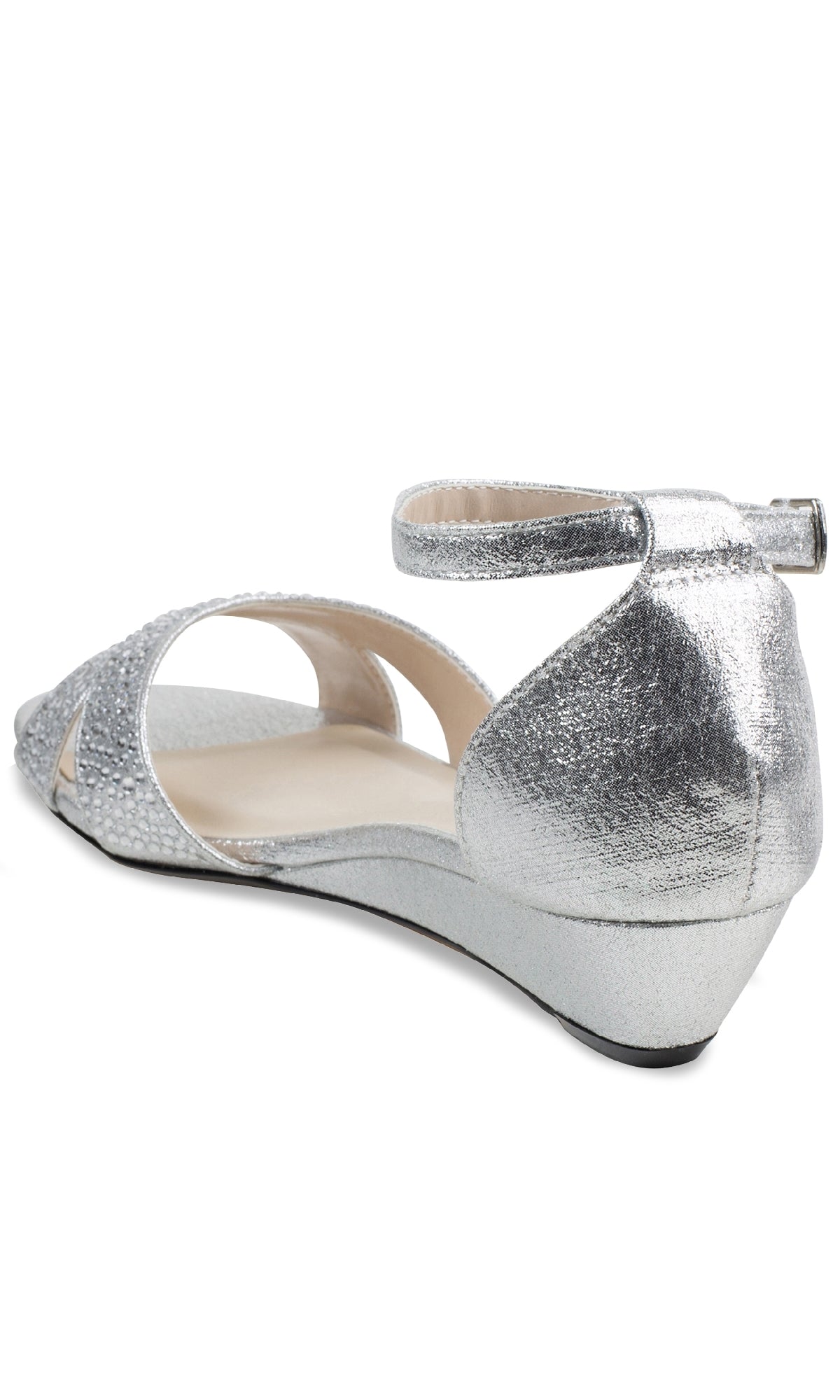 The Iris Silver Wedge Prom Shoes: Touch Ups 4626 are open-toe silver sandals with an ankle strap, viewed from the back and above—ideal for anyone seeking elegant prom footwear.