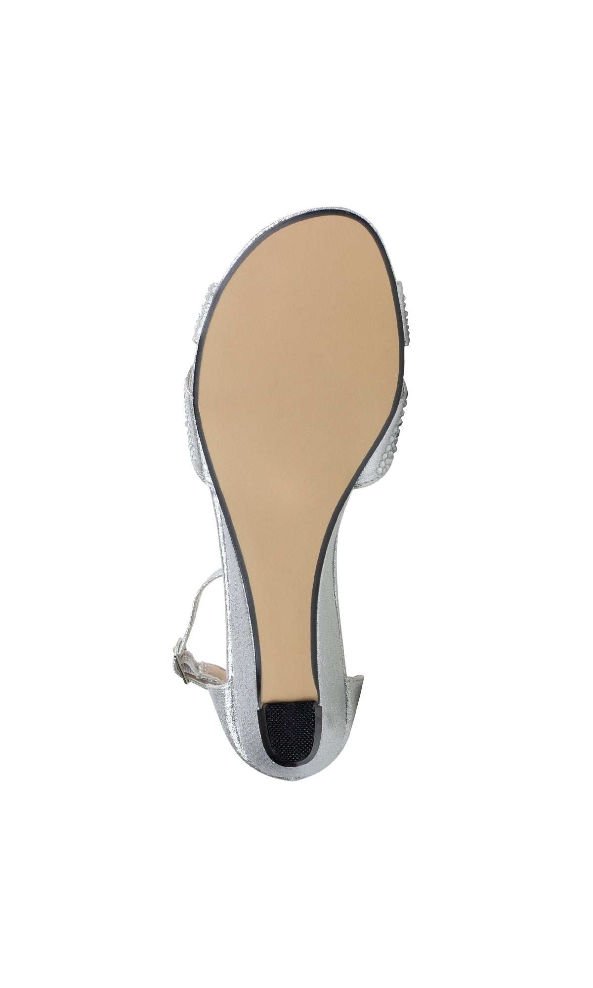 The image displays the bottom view of an Iris Silver Wedge Prom Shoe (Touch Ups 4626) with a beige sole and metallic upper, shown against a white background.