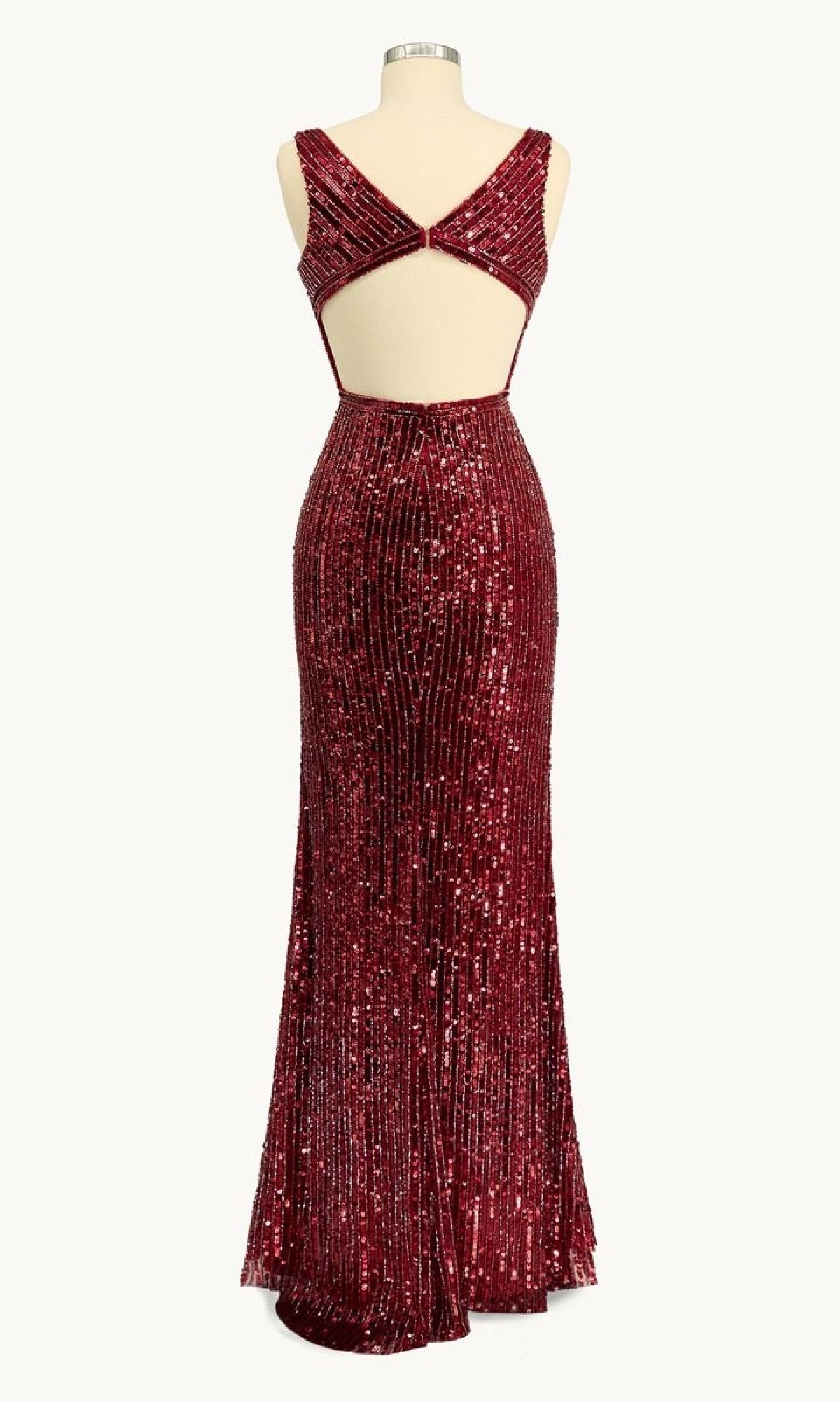 The Long Burgundy Sequin Prom Dress: Ladivine J2392 features a sleeveless, floor-length design with a fitted silhouette and open back, displayed on a dress form.